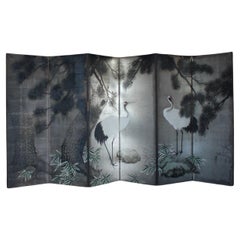 Paravent japonais des antiquités en argent, 6 panneaux, grues et pin