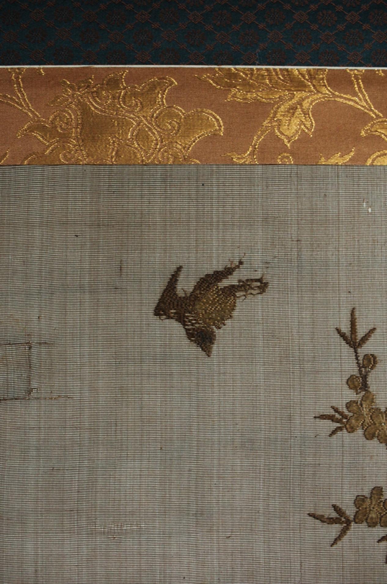 19th Century Japanese Antiques Takeya-machi embroidery, bird picture, hanging scroll For Sale