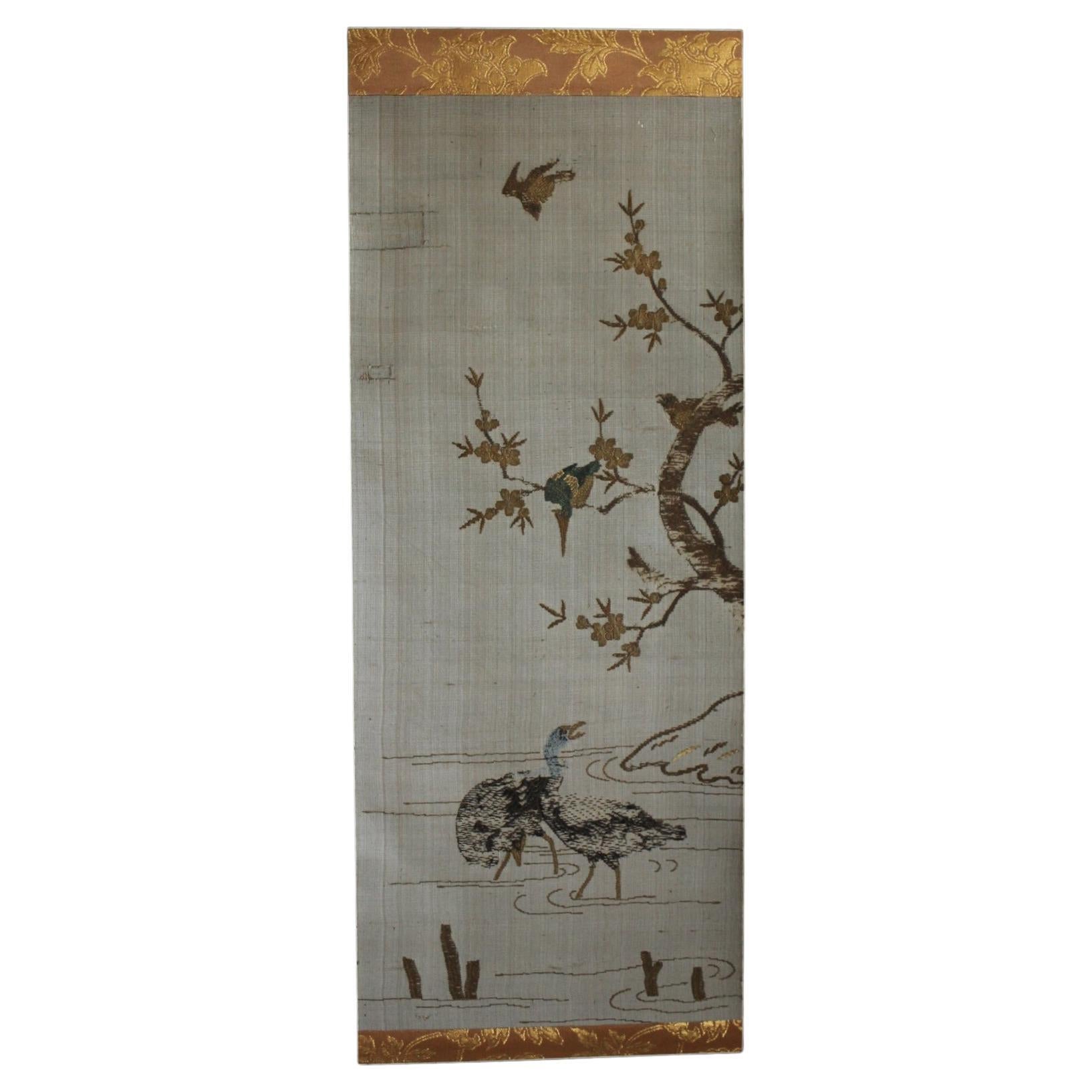 Japanese Antiques Takeya-machi embroidery, bird picture, hanging scroll For Sale