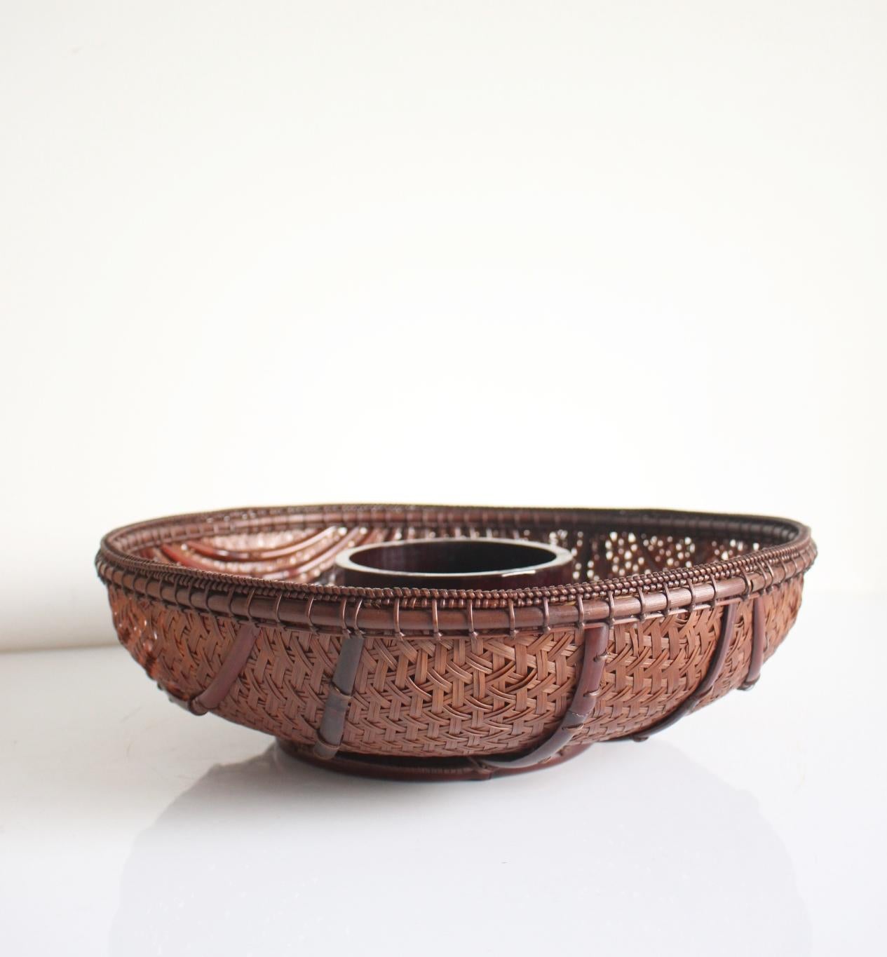 Japanese Antiques Tanaka Kosai Striped Flower Basket Bamboo Basket For Sale 15