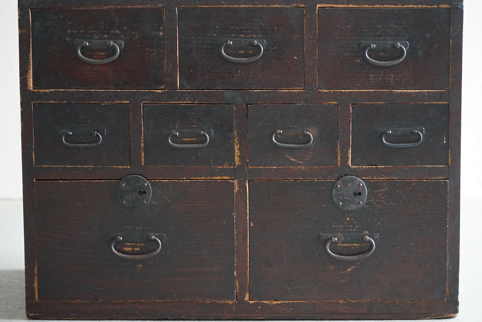 Japanese Antique Wooden Drawers Storage Box 1910s-1930s Wabi-Sabi For Sale 1