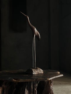 Japanese Antique"Wooden Crane Sculpture" 1860s~1900s/ Wabisabi Object Folk Art