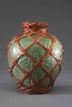 Japanese Aqua Vase with Embedded Floral Design and Wrapped in Bamboo Weaving