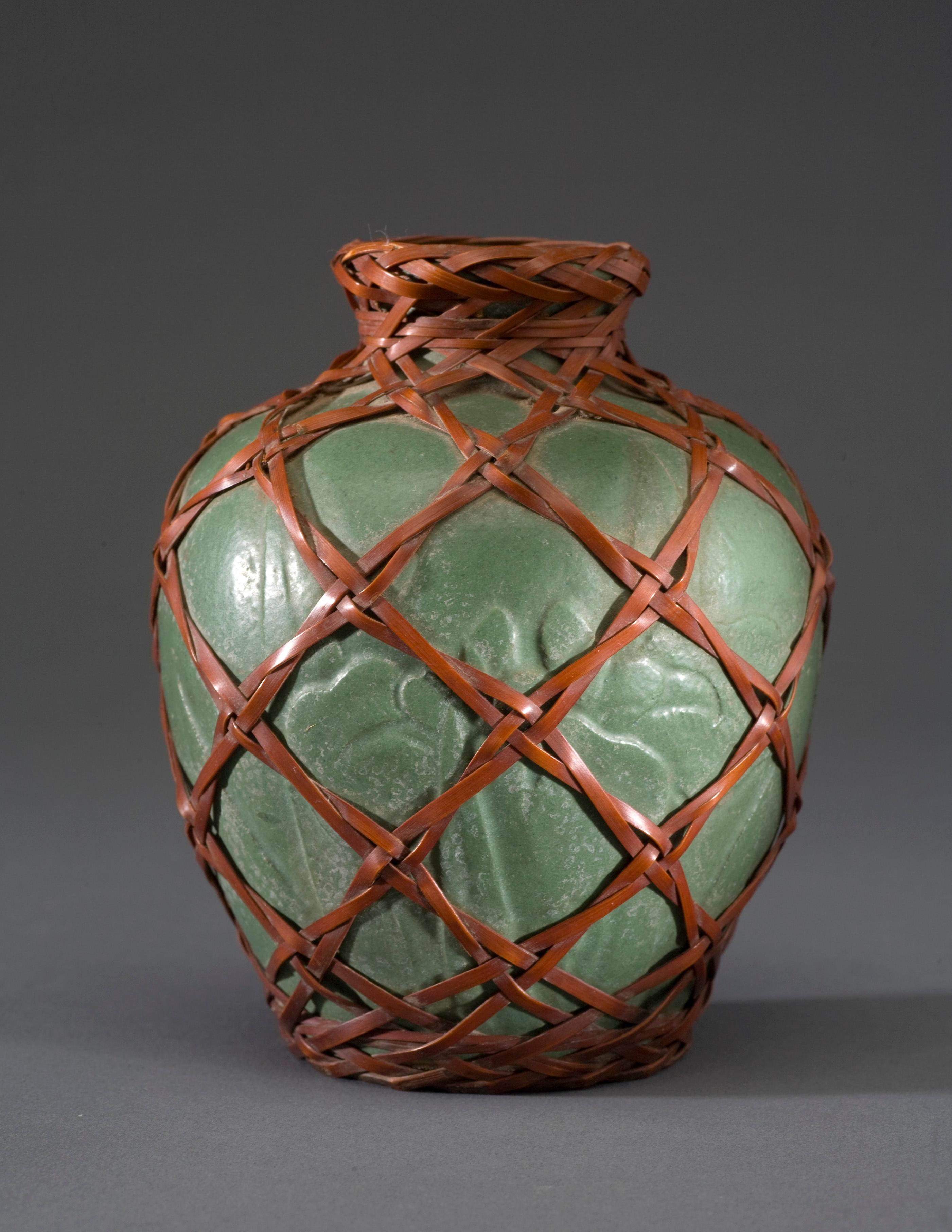 Showa Japanese Aqua Vase with Embedded Floral Design and Wrapped in Bamboo Weaving For Sale