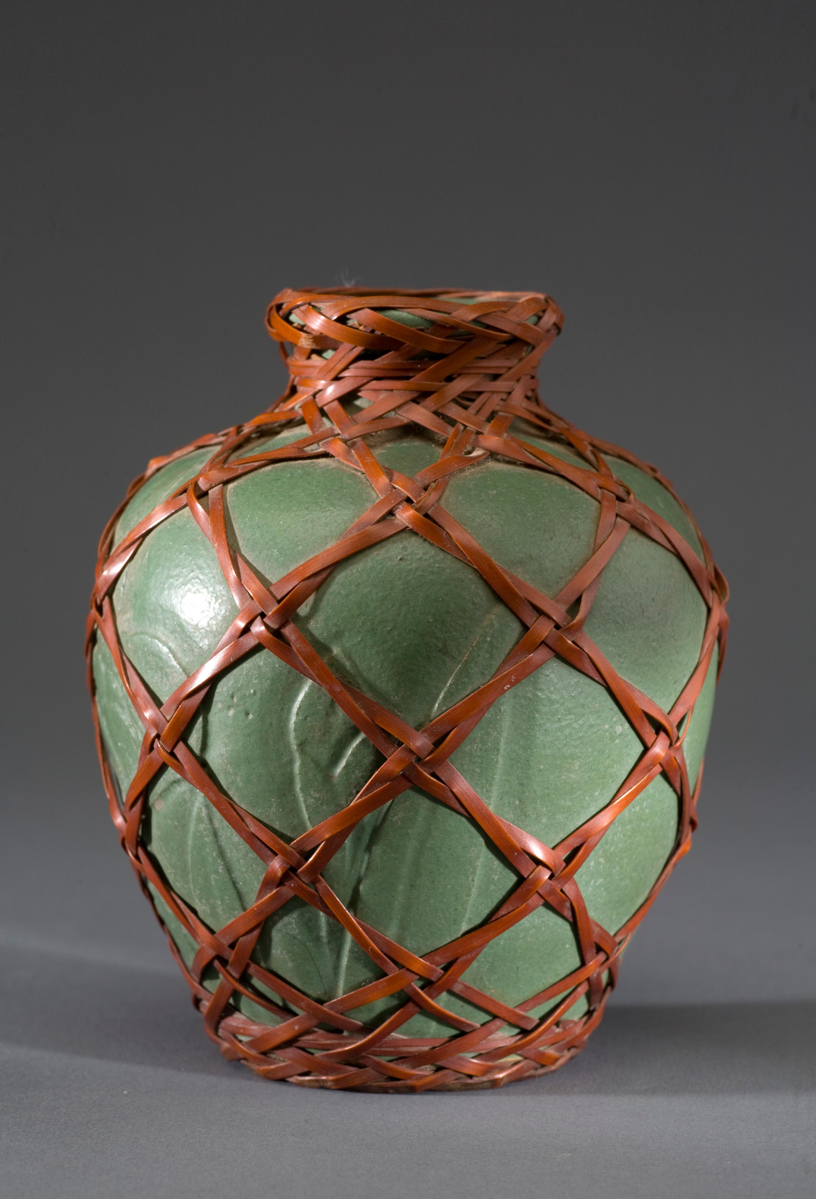 Hand-Crafted Japanese Aqua Vase with Embedded Floral Design and Wrapped in Bamboo Weaving For Sale