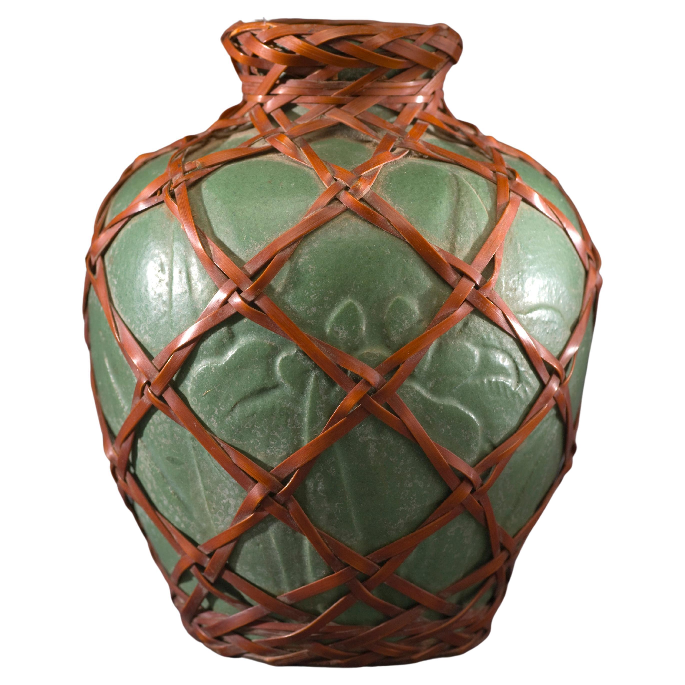 Japanese Aqua Vase with Embedded Floral Design and Wrapped in Bamboo Weaving For Sale