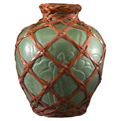 Vintage Japanese Aqua Vase with Embedded Floral Design and Wrapped in Bamboo Weaving
