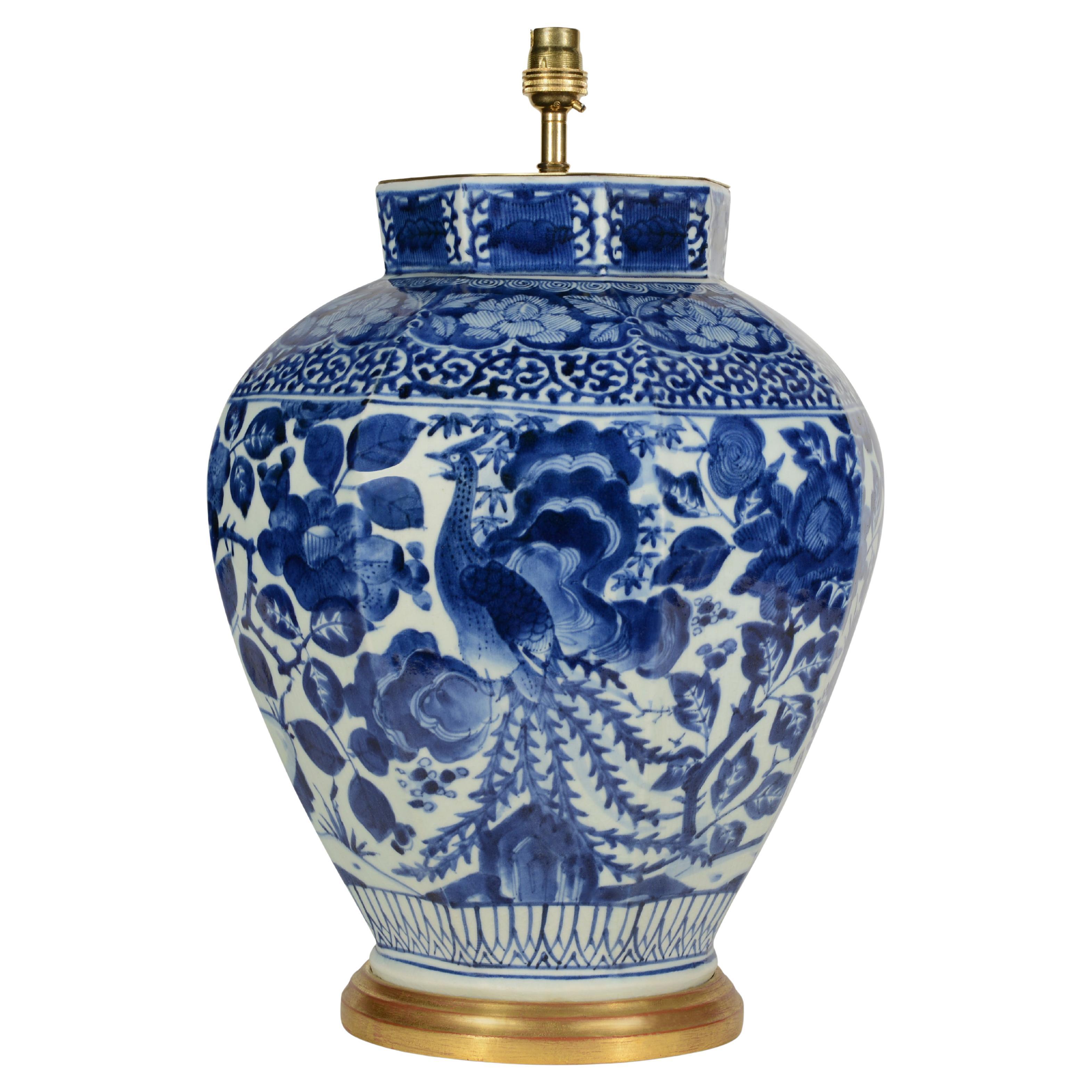 Lampe de table ancienne japonaise Arita bleu et blanc de la fin du XVIIe siècle