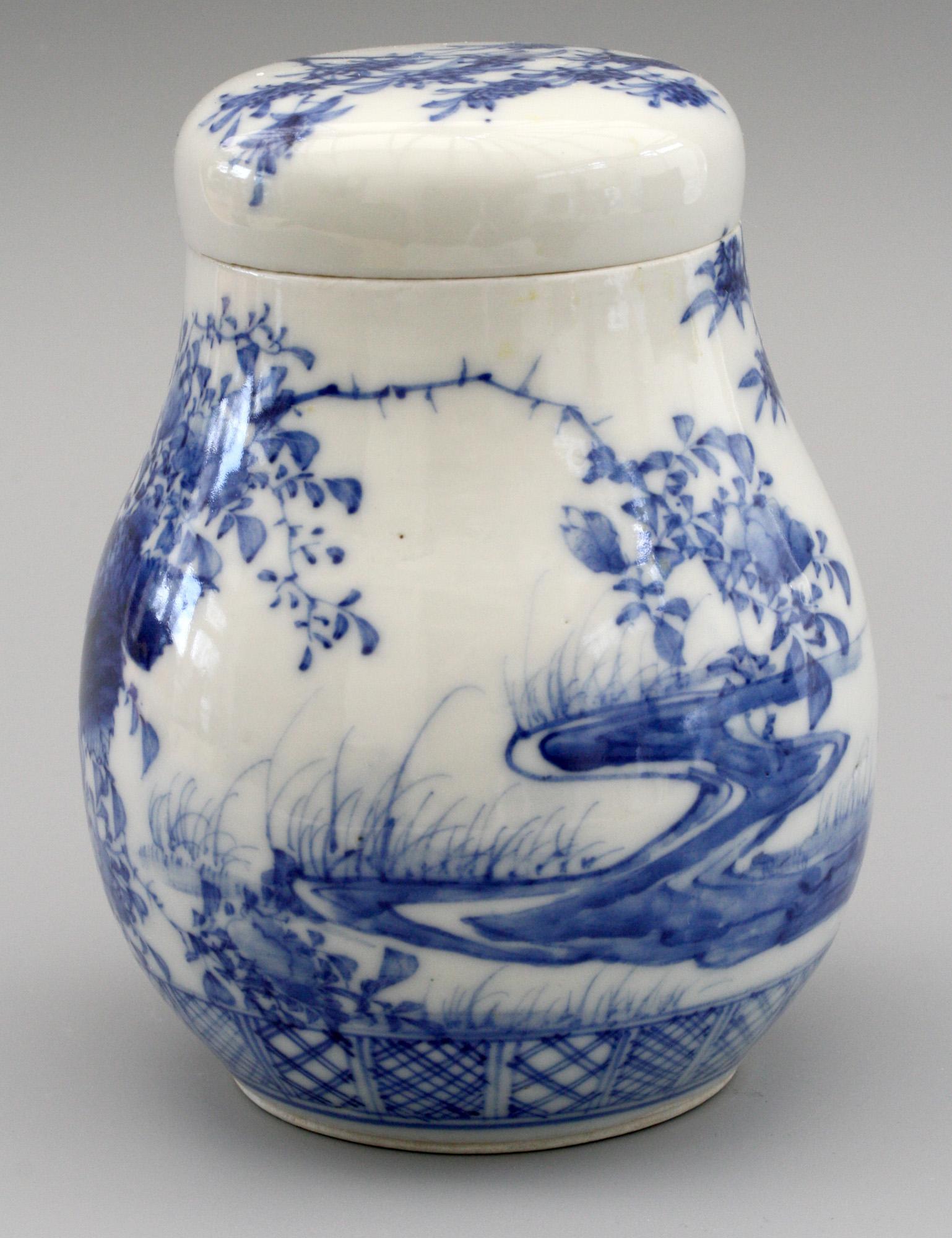 Japanese Arita Blue and White Landscape Porcelain Lidded Tea Caddy 7