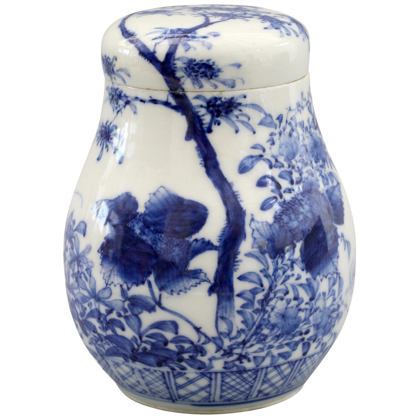 Japanese Arita Blue and White Landscape Porcelain Lidded Tea Caddy