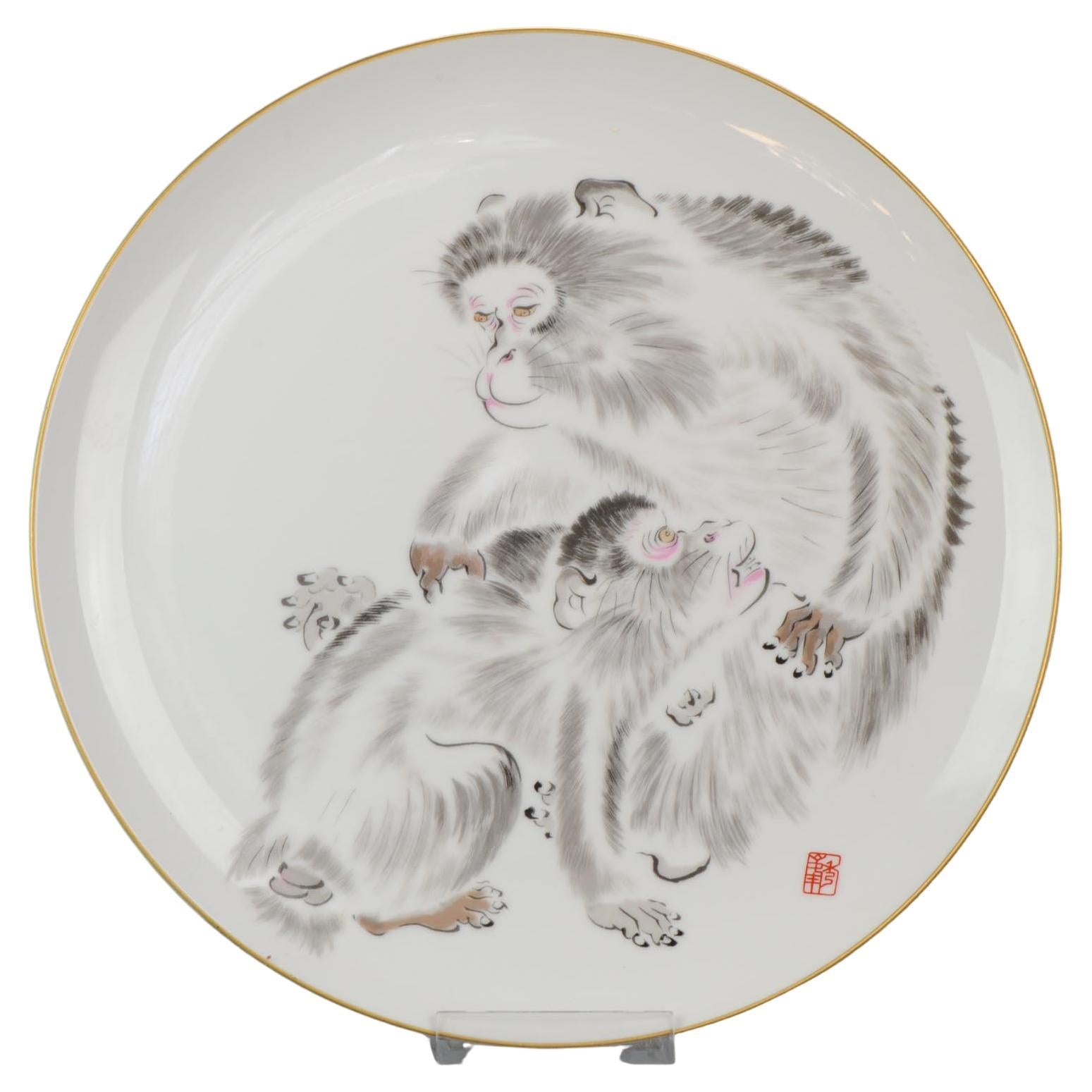 Japanese Arita Plate Dish Monkeys Picking Lice Marked Mount Fuji, 20 Century For Sale