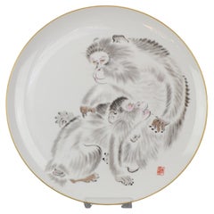 Vintage Japanese Arita Plate Dish Monkeys Picking Lice Marked Mount Fuji, 20 Century