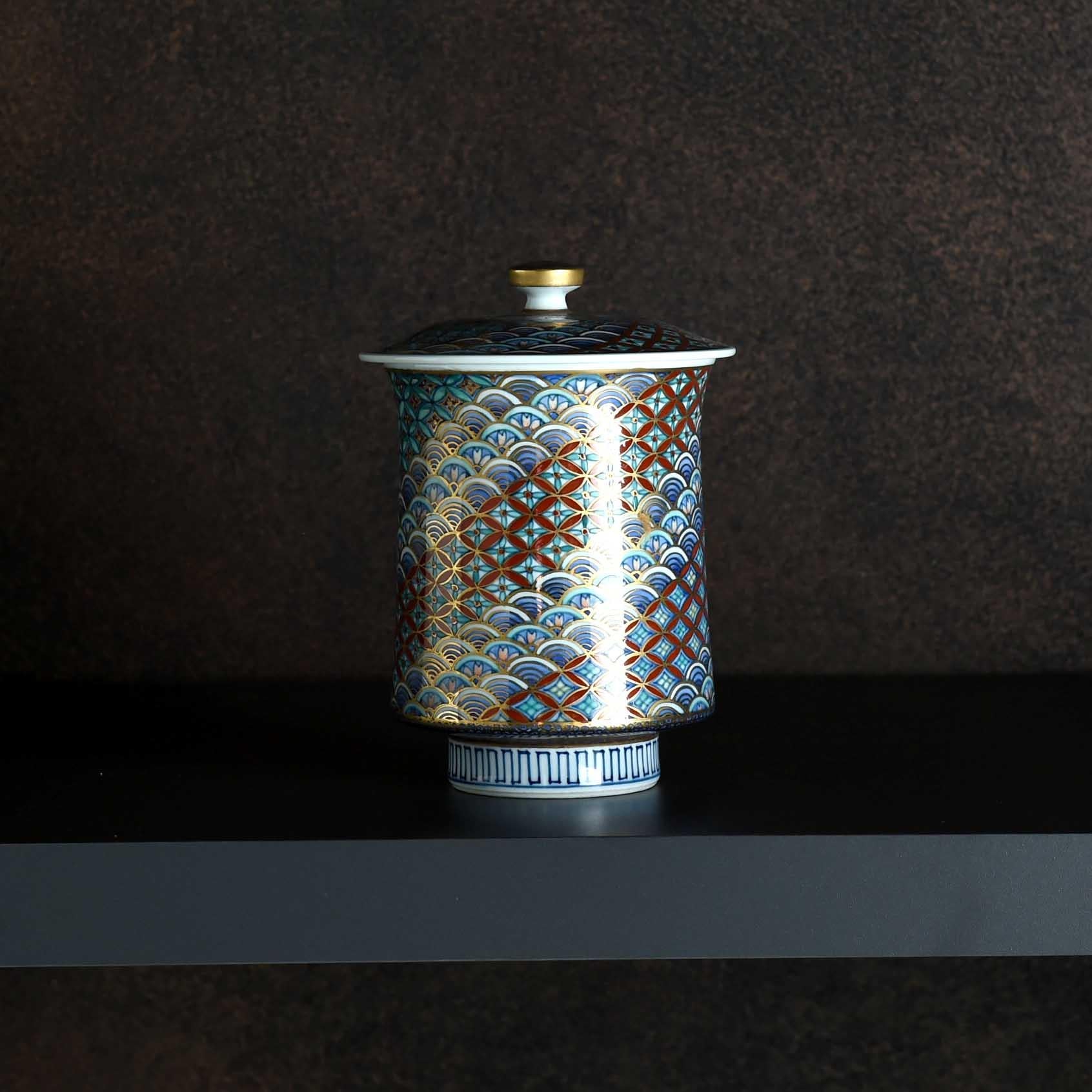 Hand-painted. Seikaiha is a pattern of waves and scales that symbolizes 