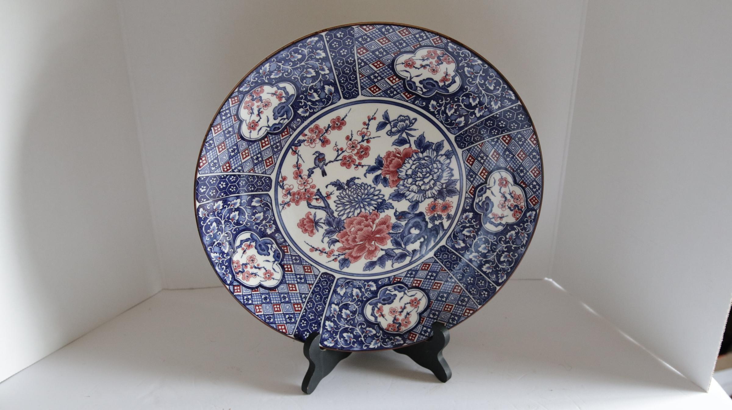 Glazed Japanese Arita Ware Blue and White Charger with Pink and White Chrysanthemums For Sale