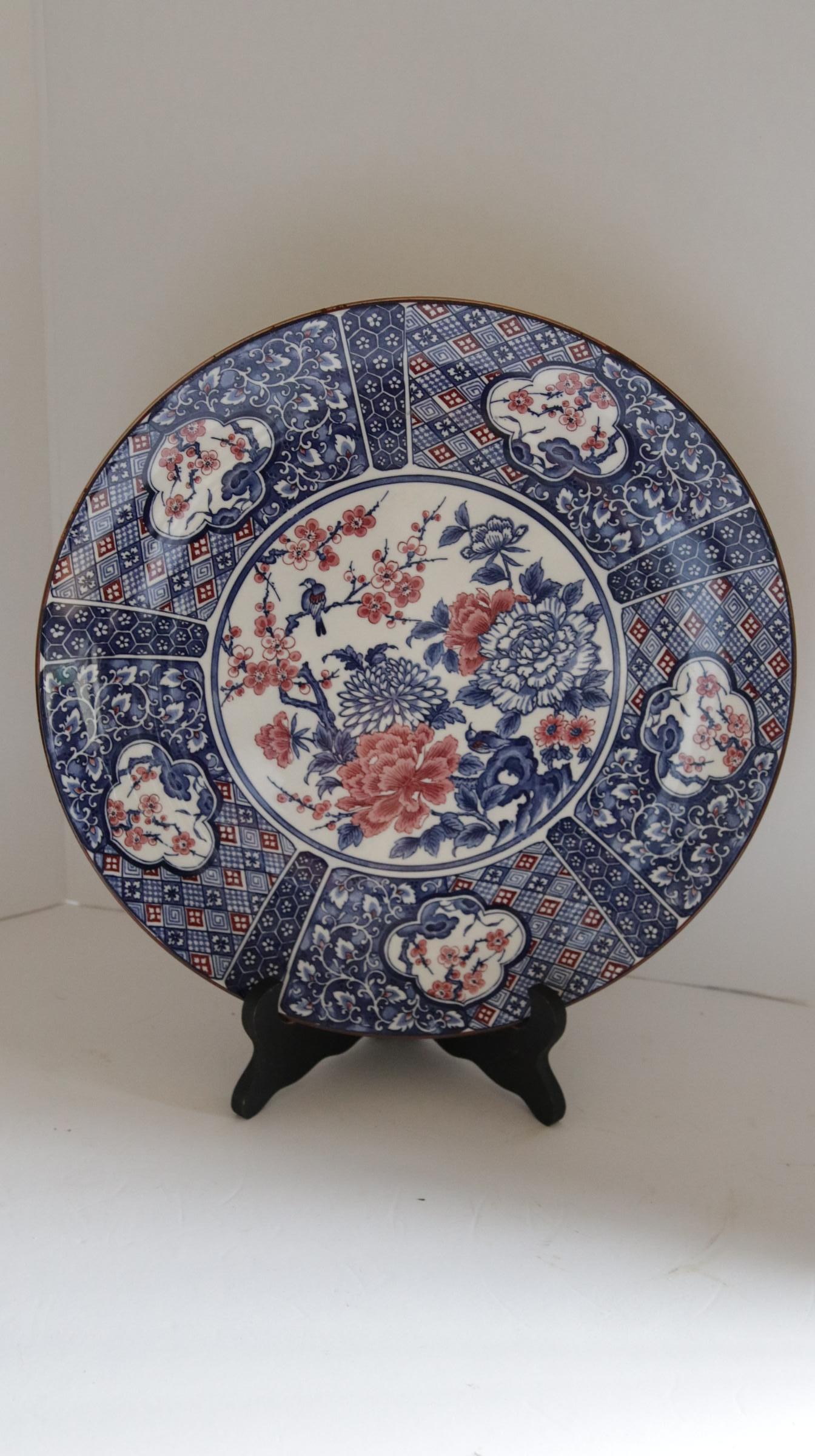 20th Century Japanese Arita Ware Blue and White Charger with Pink and White Chrysanthemums For Sale