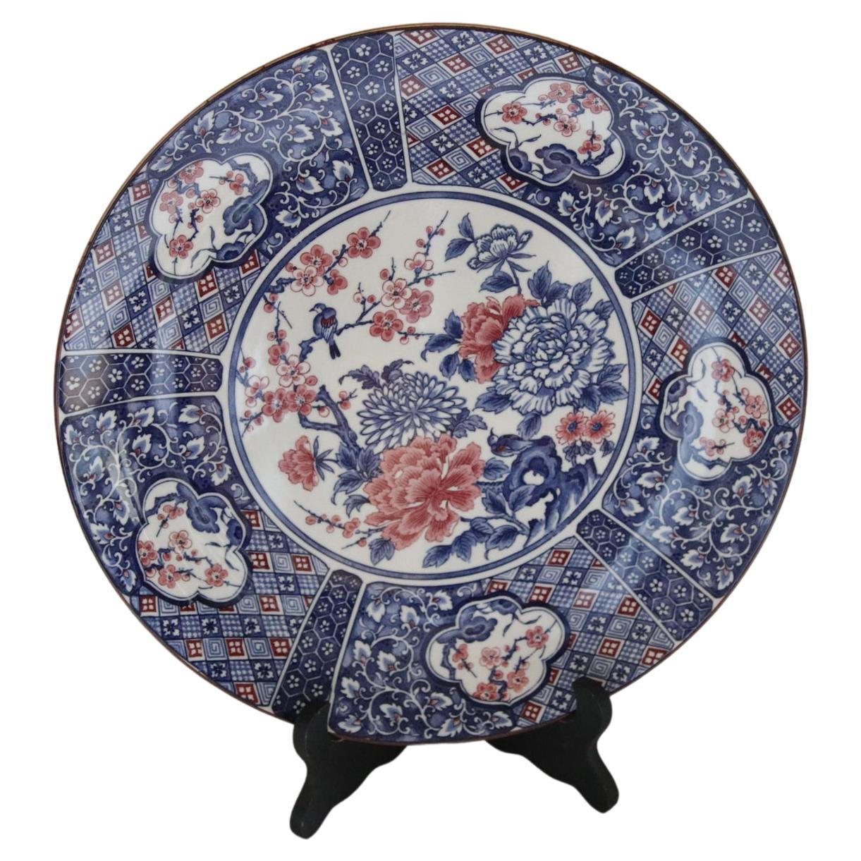 Japanese Arita Ware Blue and White Charger with Pink and White Chrysanthemums For Sale