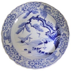 Blue White Japanese Charger with Pair of Cranes and Turtles Meiji Period