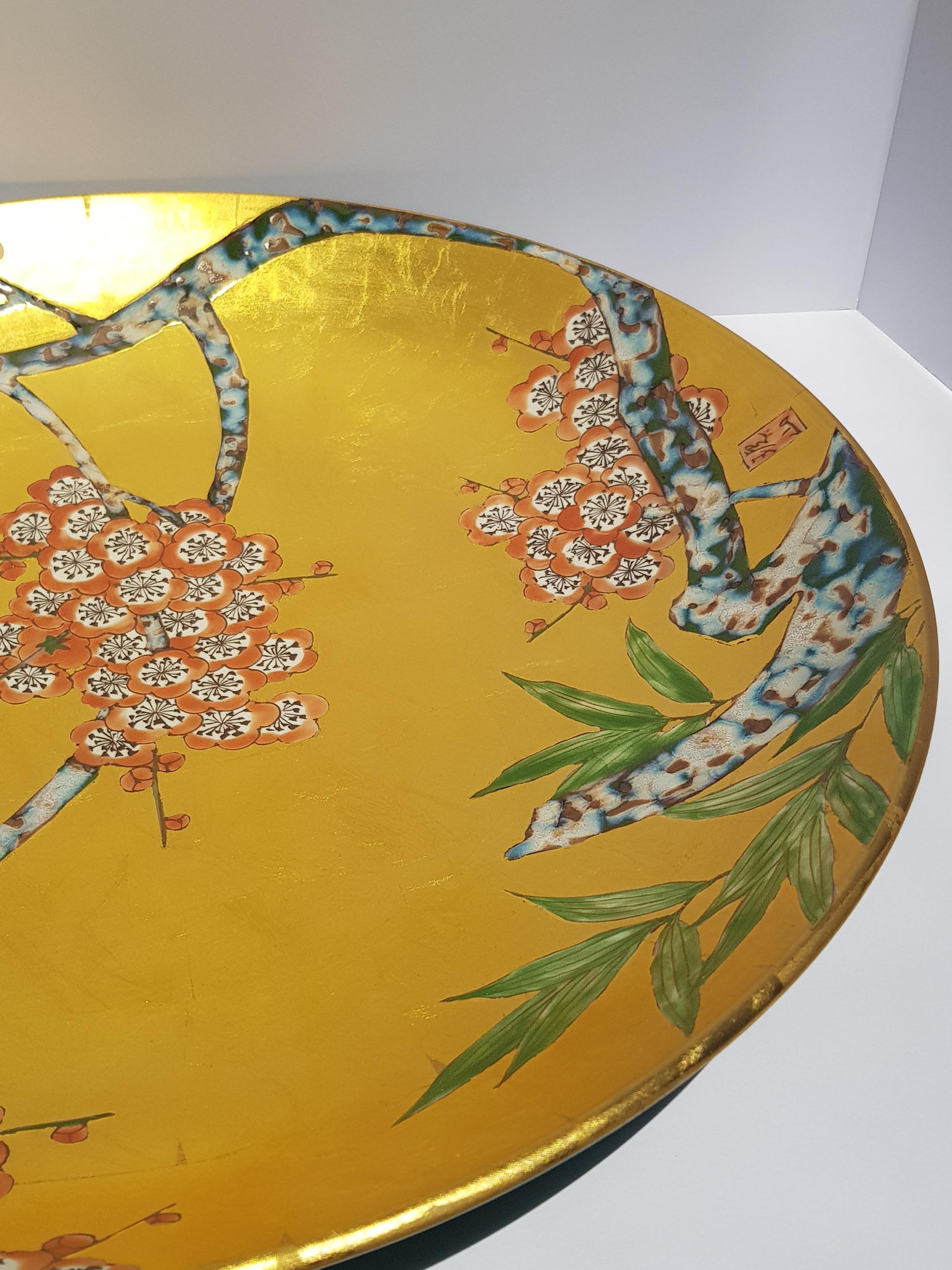 20th Century Japanese Arita Ware Porcelain Ceramic Plate Gold Cherry Blossoms Kinrande Kyoto For Sale
