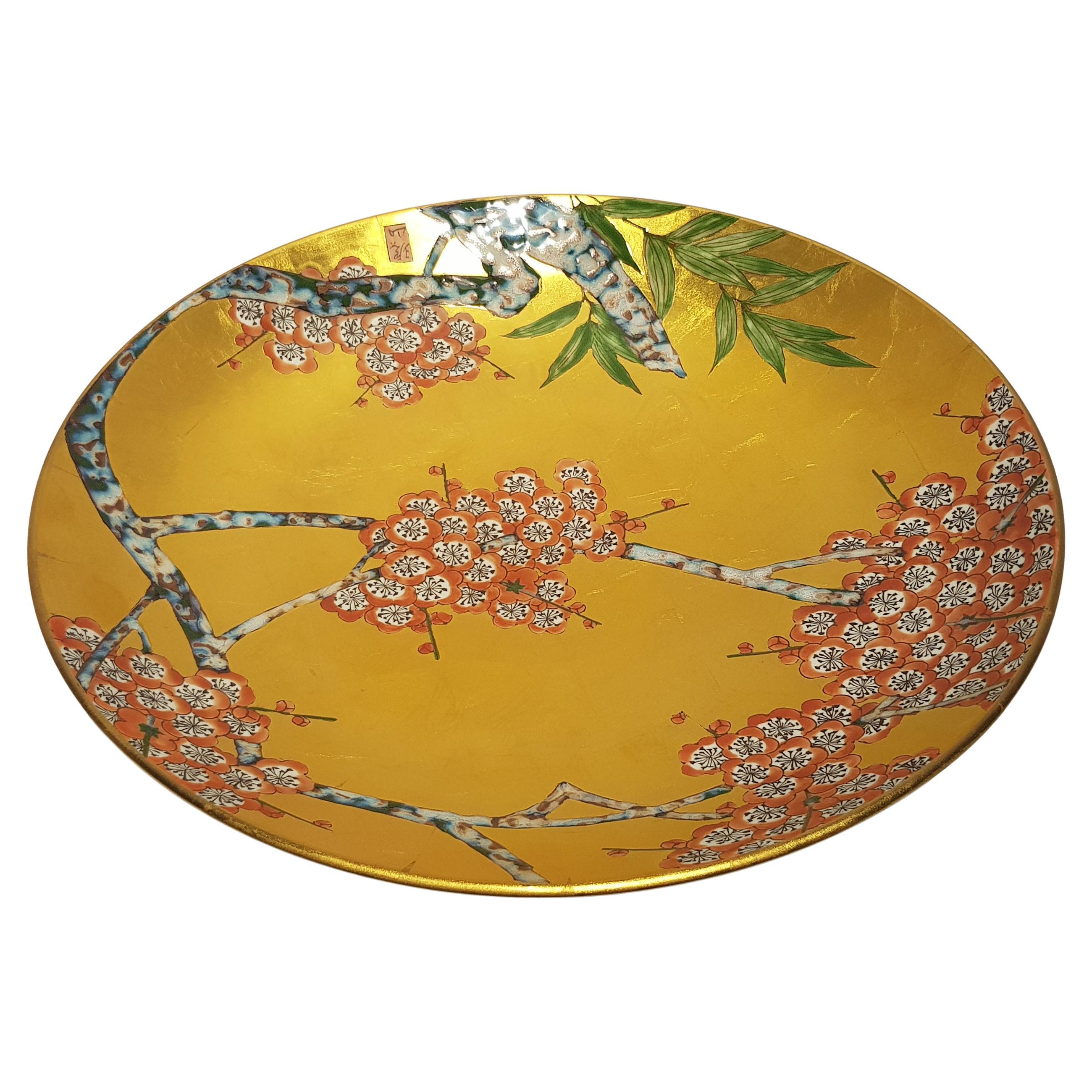 Japanese Arita Ware Porcelain Ceramic Plate Gold Cherry Blossoms Kinrande Kyoto