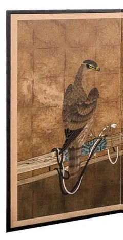 Japanese Art Deco 4-Panel Screen with Falcon, Ca. 1920