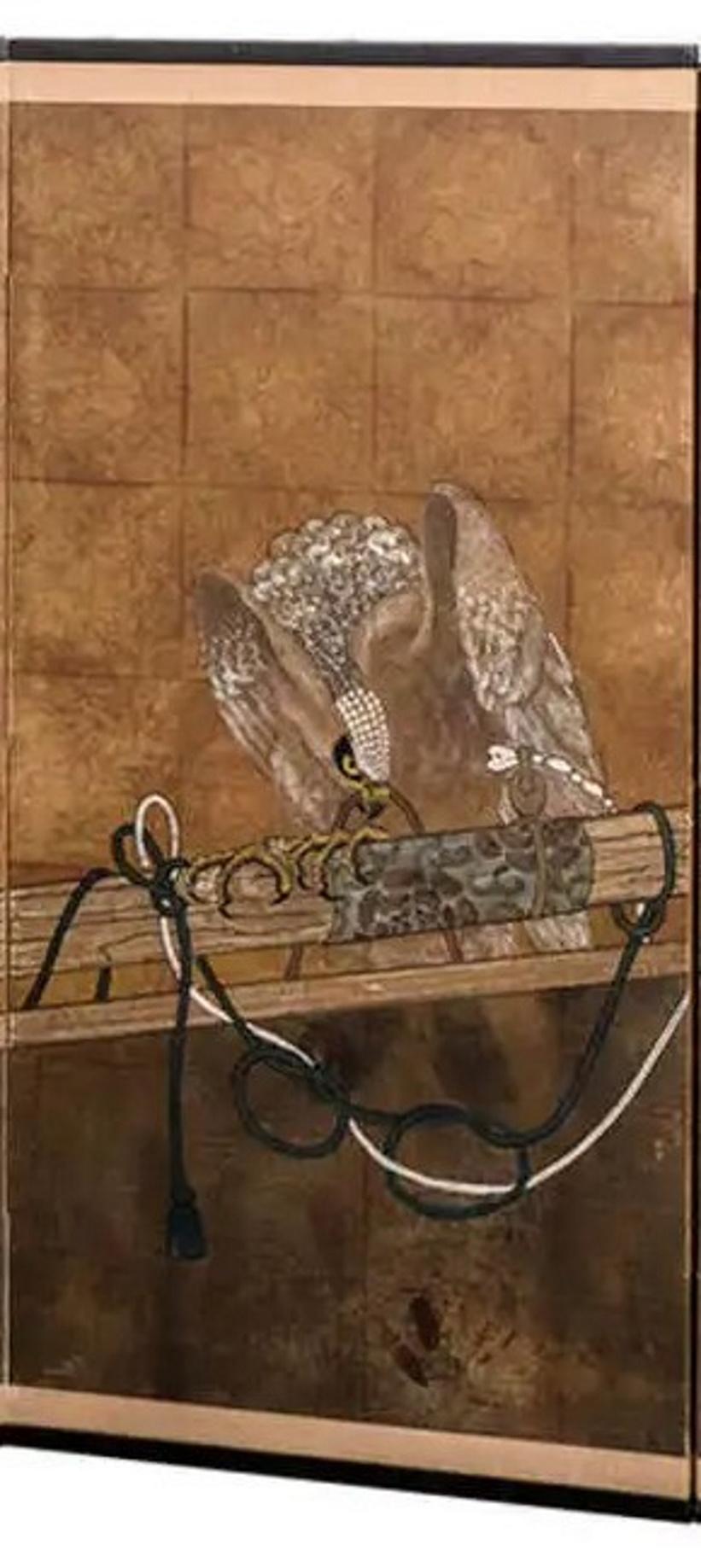 Japonisme Japanese Art Deco 4-Panel Screen with Falcon, Ca. 1920 For Sale