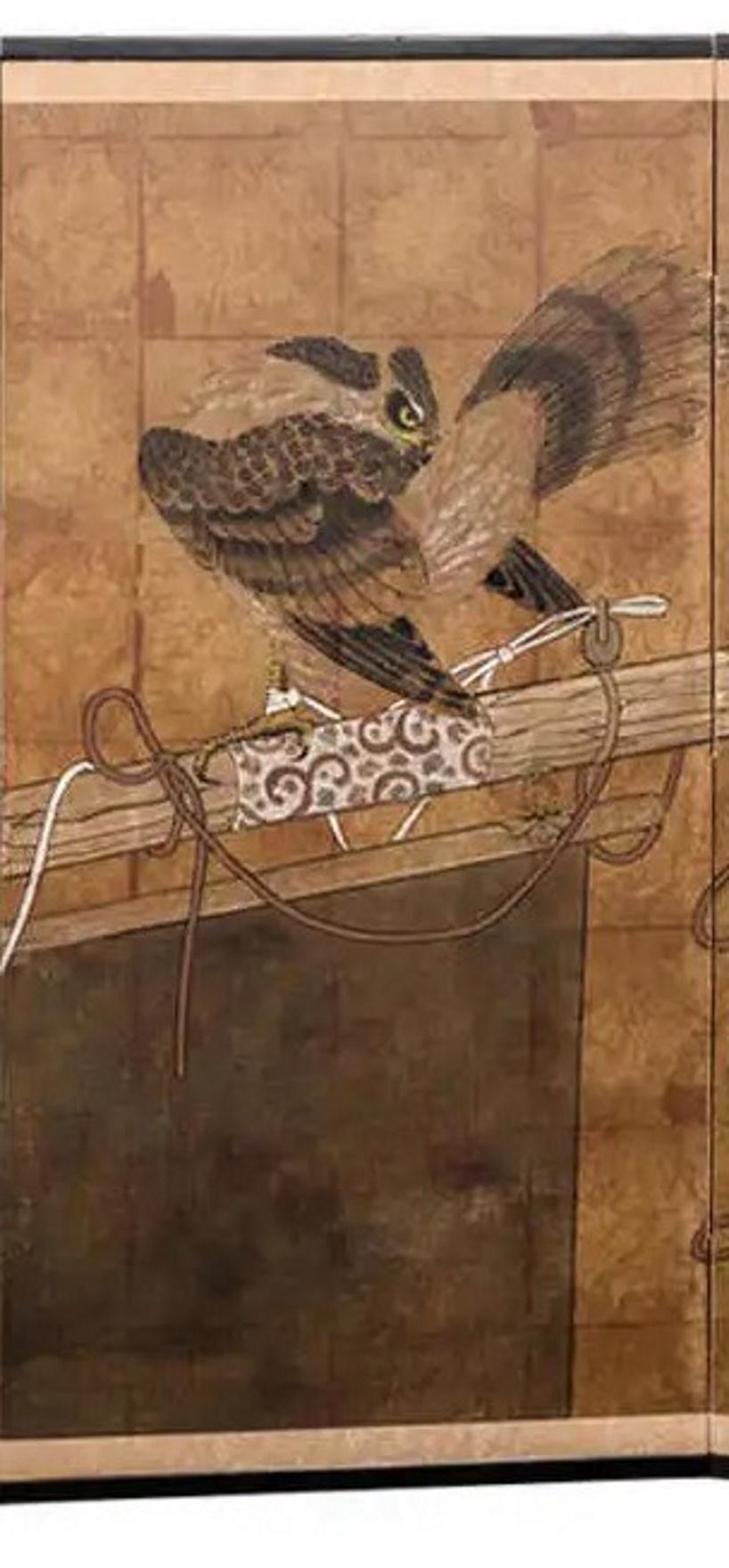 Japanese Art Deco 4-Panel Screen with Falcon, Ca. 1920 In Good Condition For Sale In New York, NY