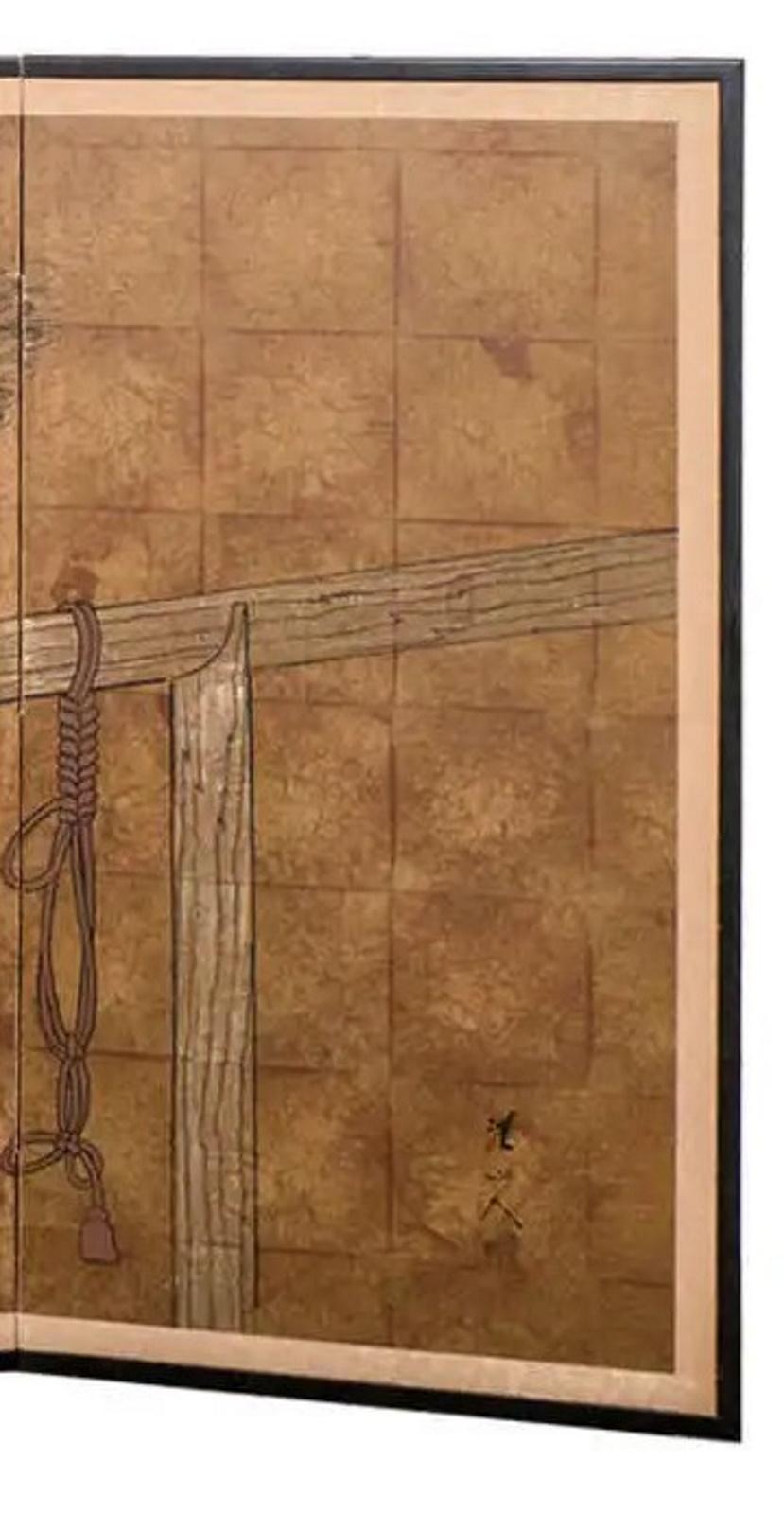 Early 20th Century Japanese Art Deco 4-Panel Screen with Falcon, Ca. 1920 For Sale