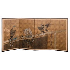 Japanese Art Deco 4-Panel Screen with Falcon, Ca. 1920