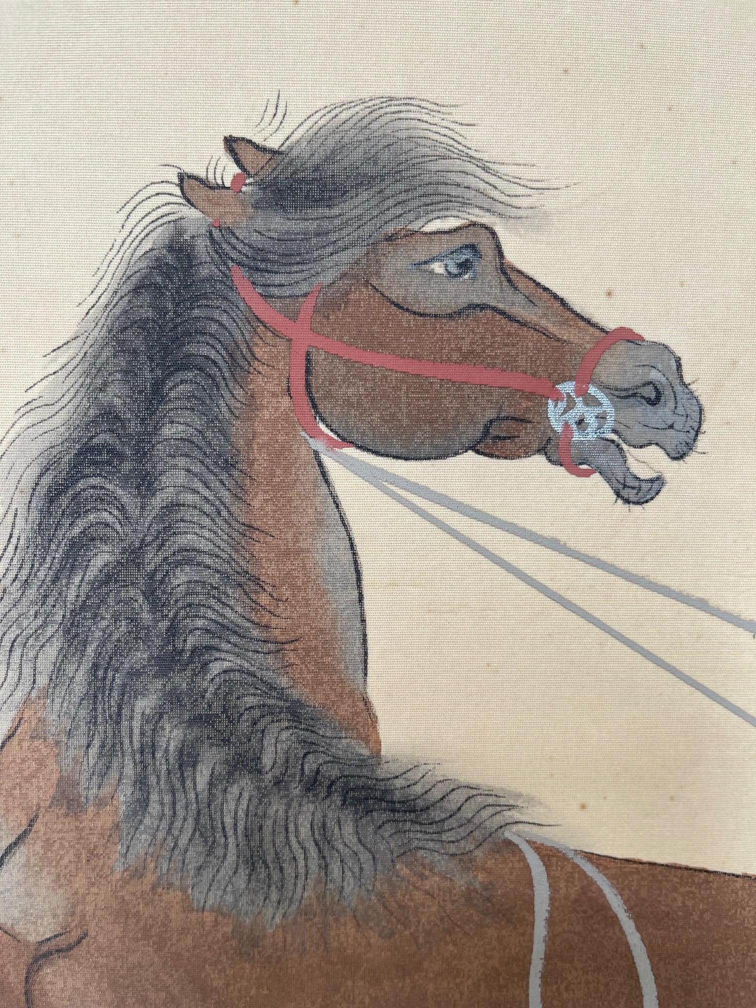 Japanese Art Deco 4-Panel Screen with Riders Taming Horses, Ca. 1920 For Sale 4