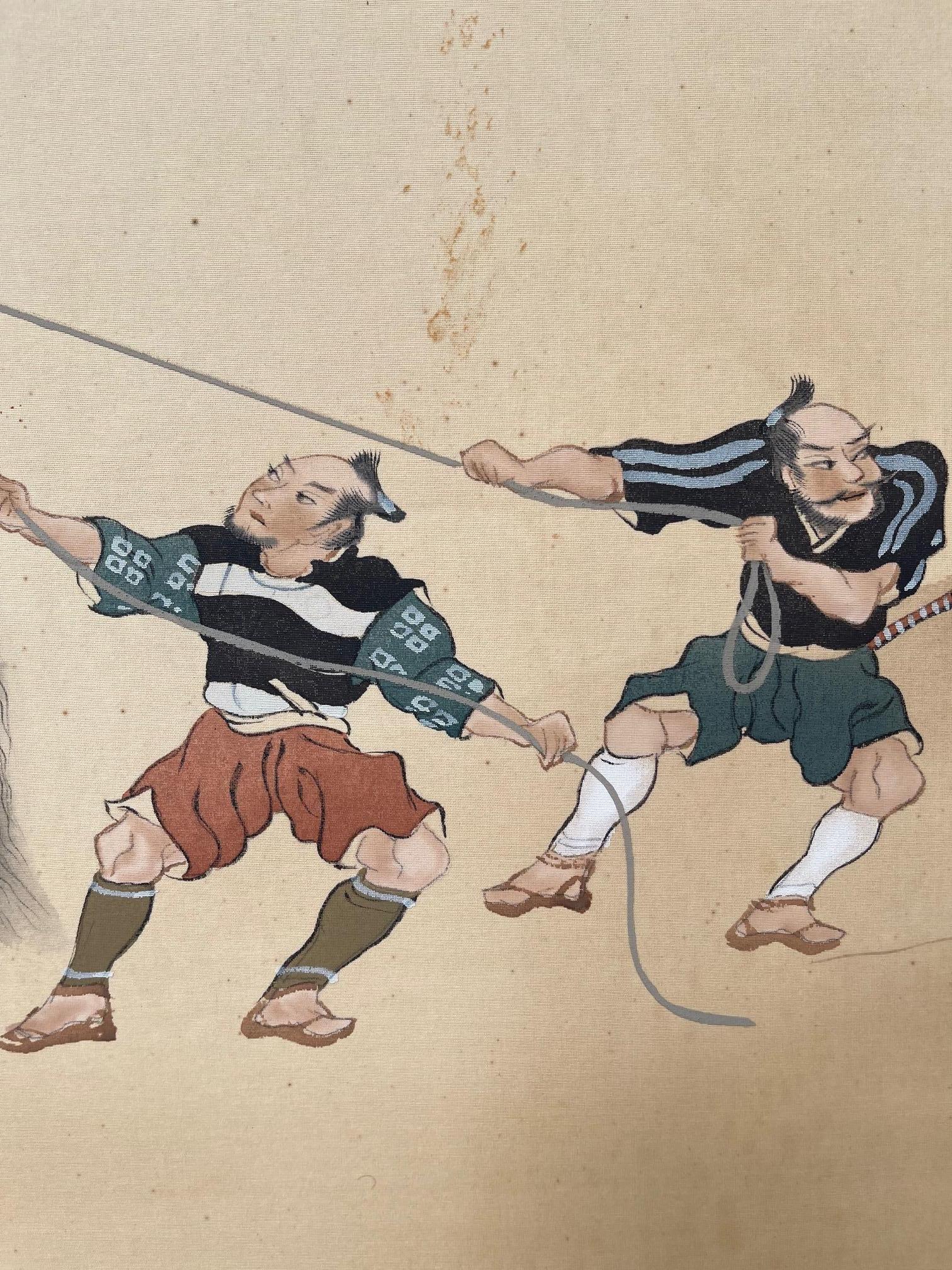 Japonisme Japanese Art Deco 4-Panel Screen with Riders Taming Horses, Ca. 1920 For Sale