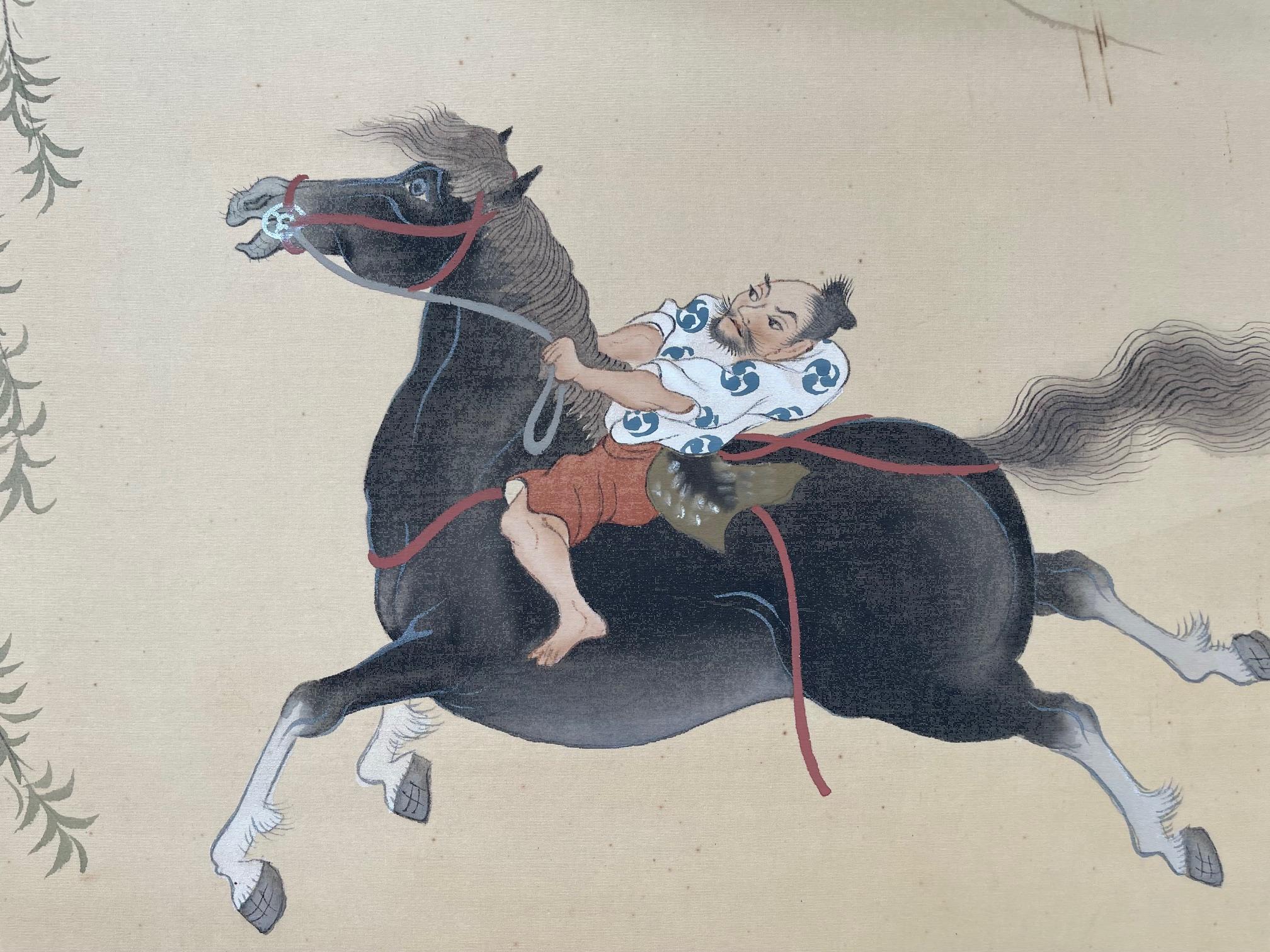 Early 20th Century Japanese Art Deco 4-Panel Screen with Riders Taming Horses, Ca. 1920 For Sale