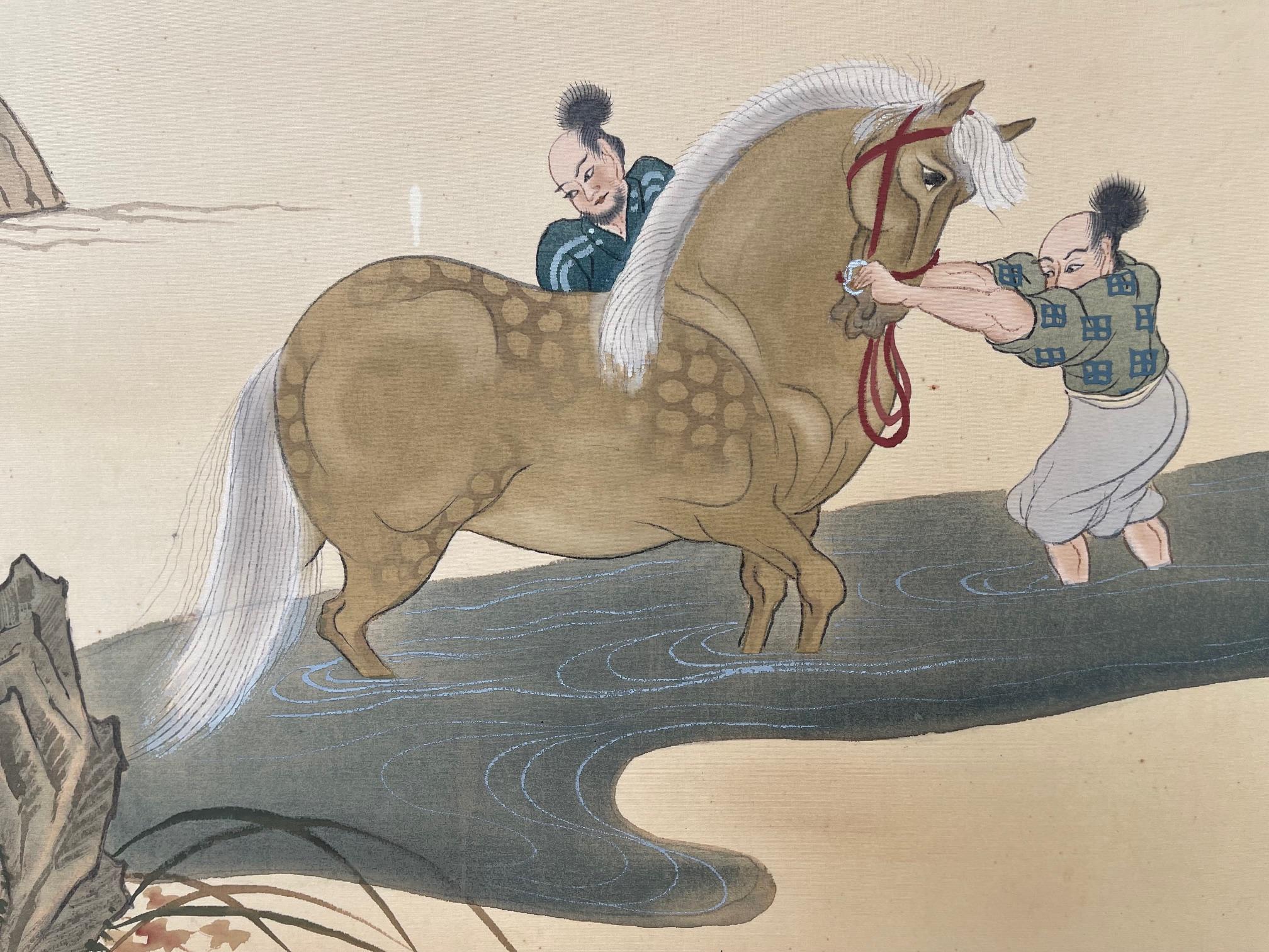 Japanese Art Deco 4-Panel Screen with Riders Taming Horses, Ca. 1920 For Sale 1