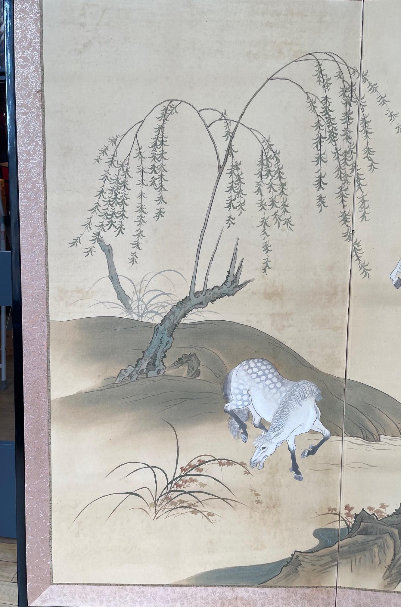 Japanese Art Deco 4-Panel Screen with Riders Taming Horses, Ca. 1920 For Sale 2