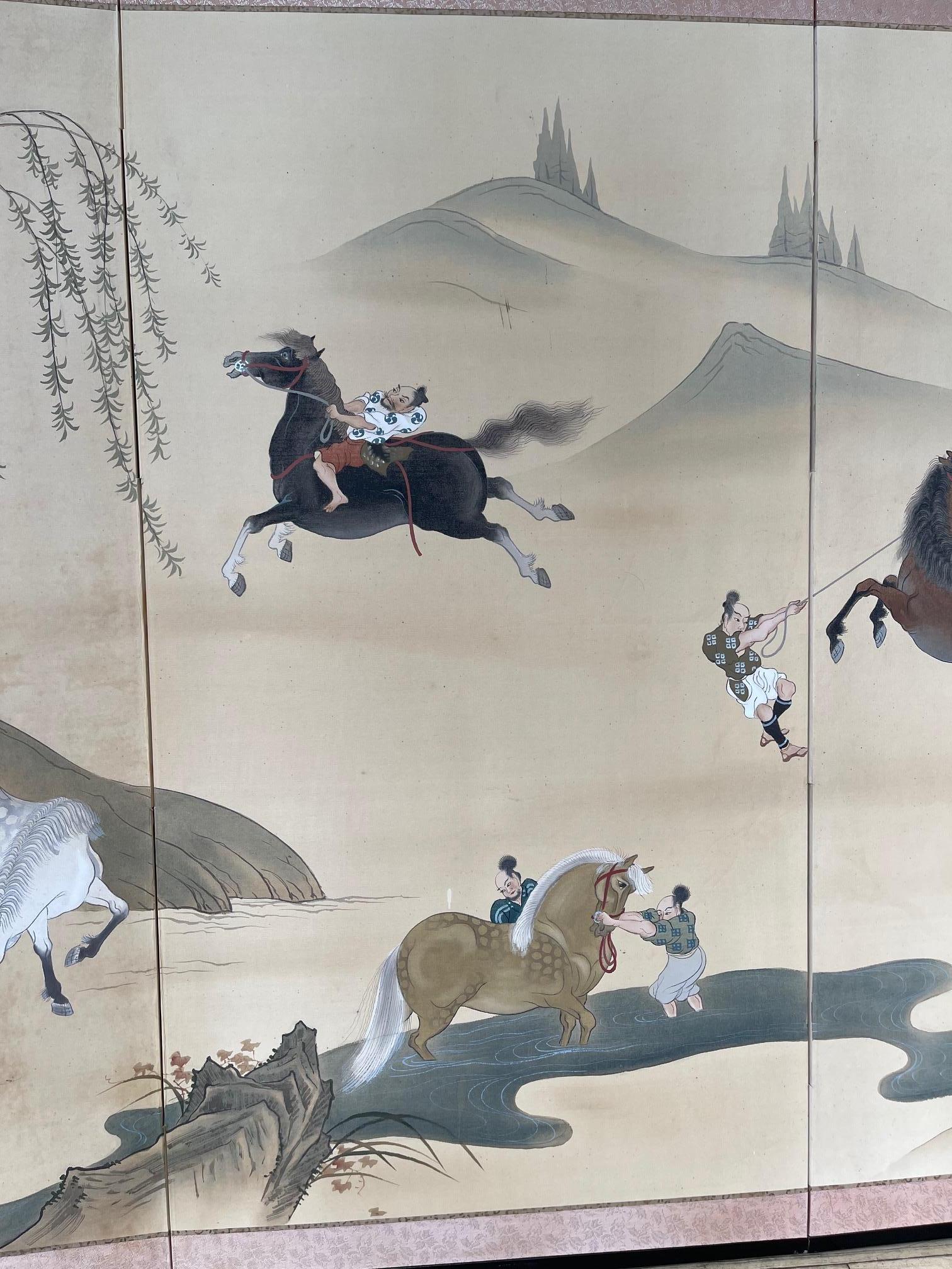 Japanese Art Deco 4-Panel Screen with Riders Taming Horses, Ca. 1920 For Sale 3