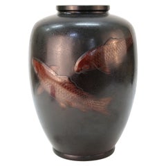Japanese Art Deco Bronze Vase with Carp Motif