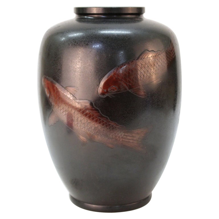 Japanese Art Deco bronze vase with carp motif, 1930s, offered by Showplace Antique + Design Center