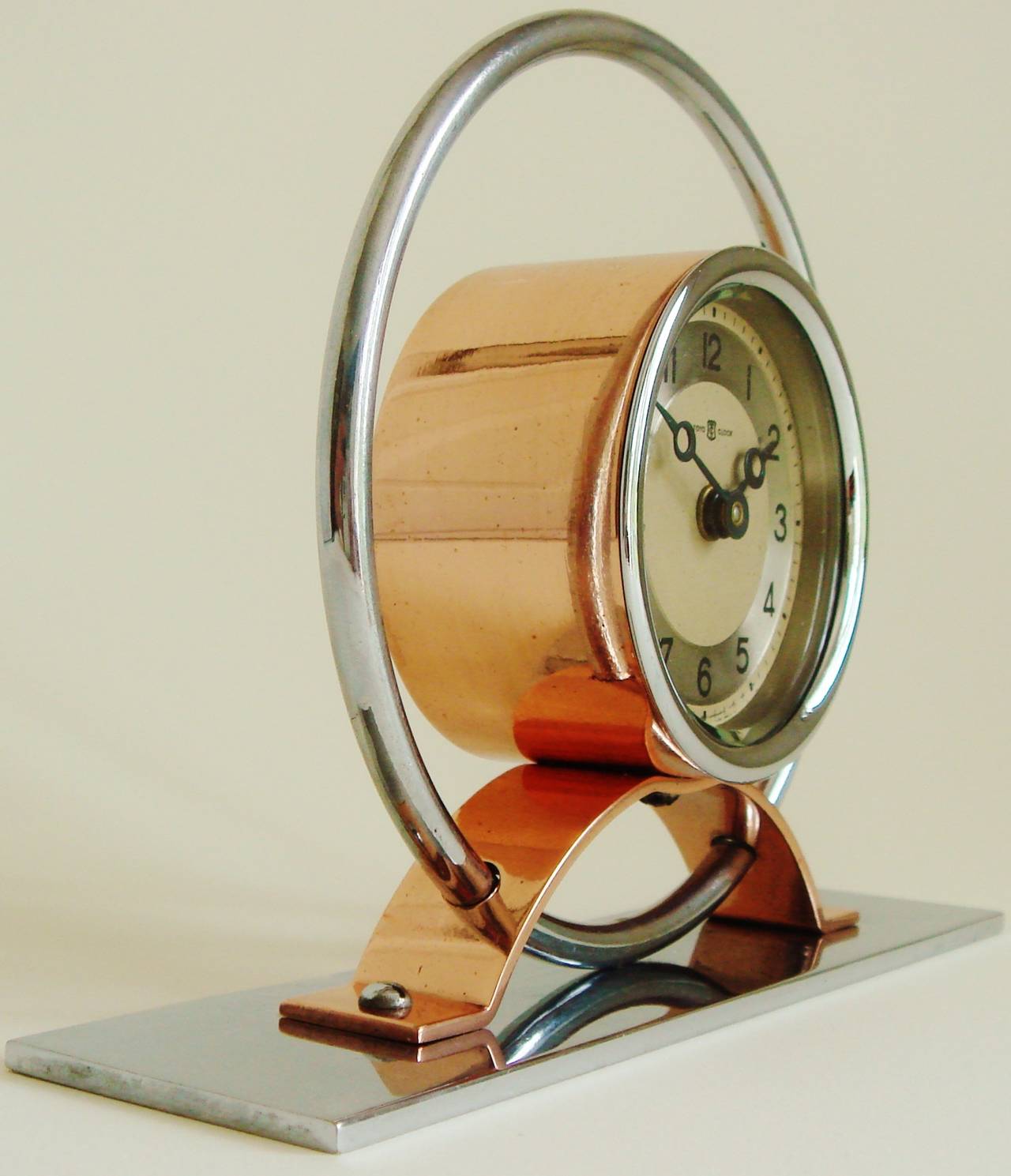 Plated Japanese Art Deco Chrome and Copper Geometric Clock by Toyo For Sale