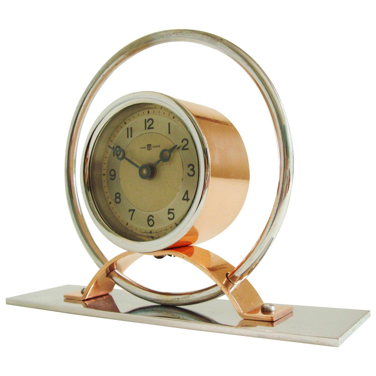 Japanese Art Deco Chrome and Copper Geometric Clock by Toyo For Sale