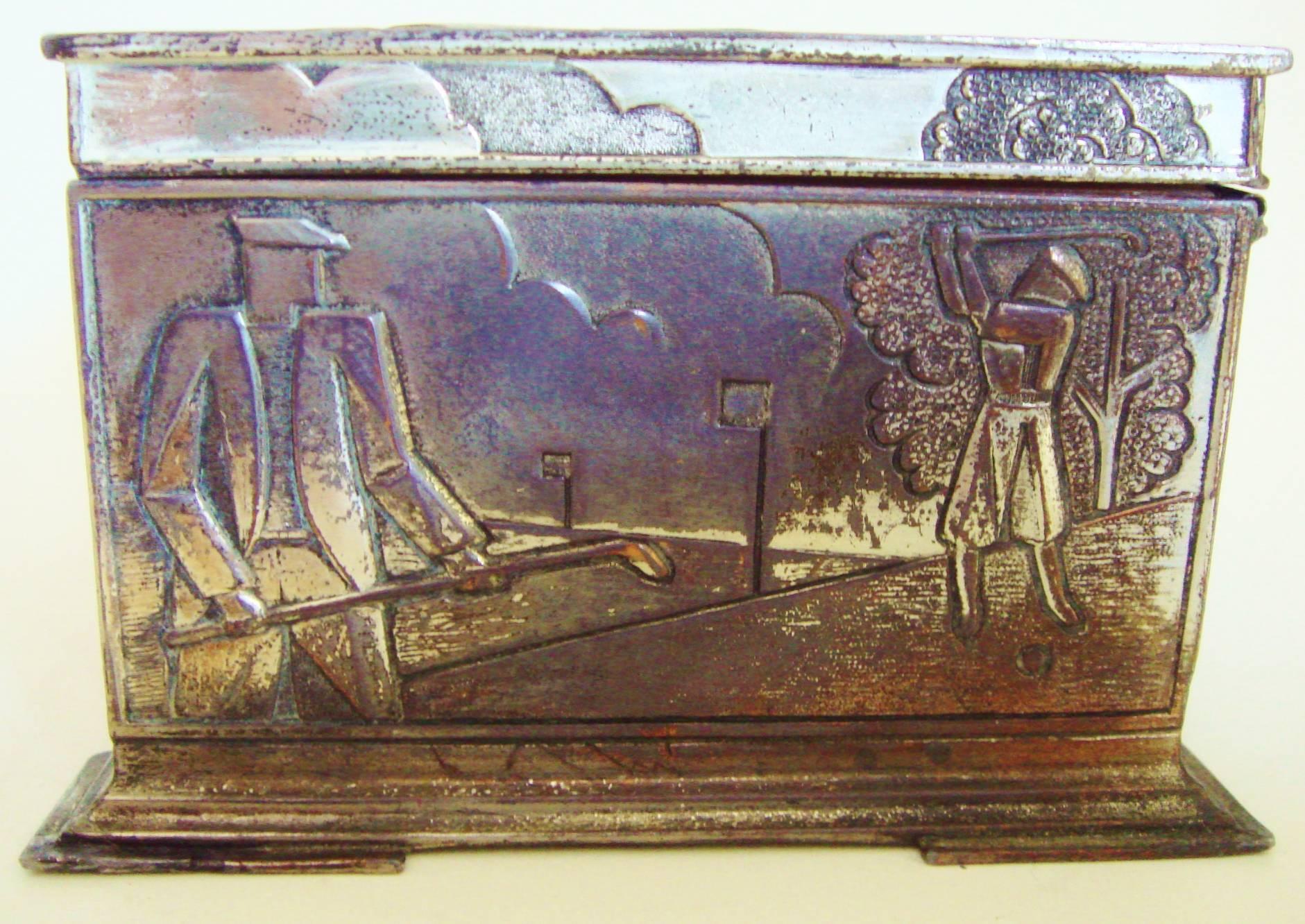 Japanese Art Deco Copper and Nickel Plated Spelter Sports Themed Cigarette Box In Good Condition In Port Hope, ON