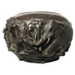 Japanese Art Deco, Grand Patinated Bronze Planter w/ Elephants, ca. 1930’s