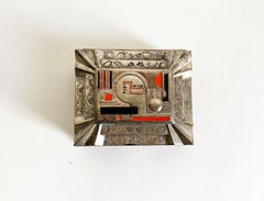 Japanese Art Deco Metal and Enamel Trinket Box, Wood-Lined Interior, c. 1930s