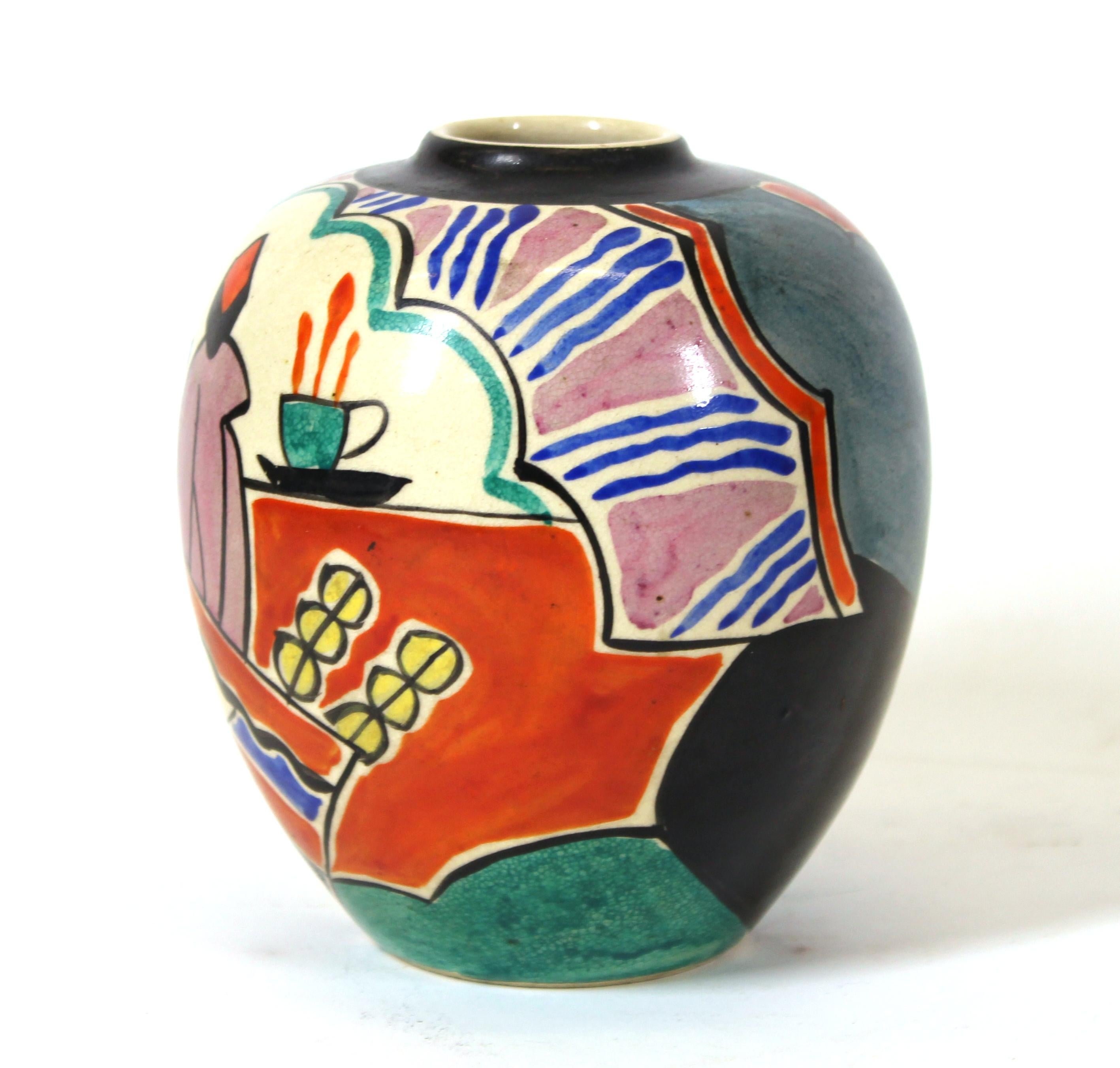Japanese Art Deco diminutive ceramic vase, hand painted with a modernist scene in Matisse style. Marked 'Made in Japan' on the bottom.