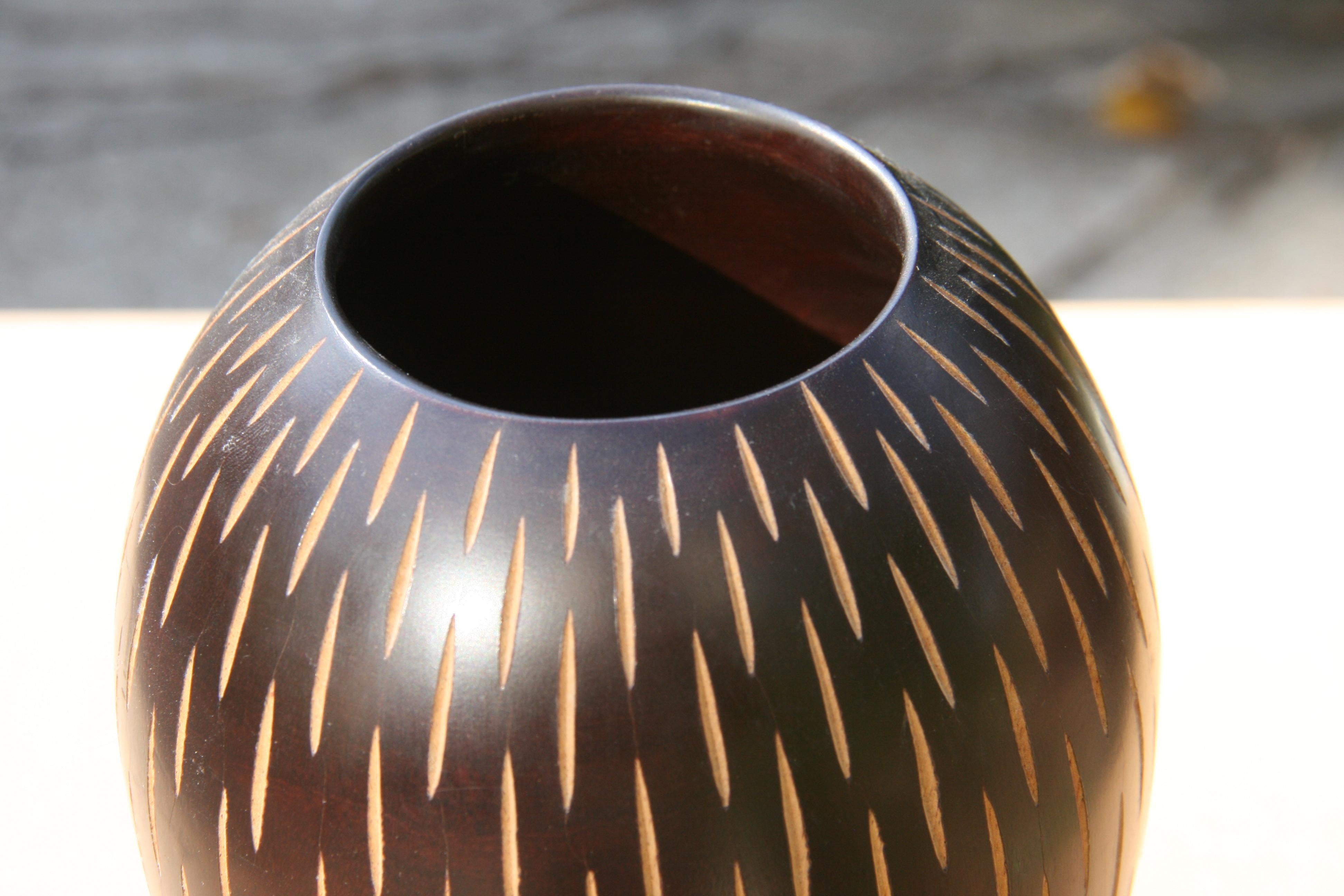 Mid-20th Century Japanese Art Deco Style Hand Turned Wood Vase with Incised Vertical Slits For Sale