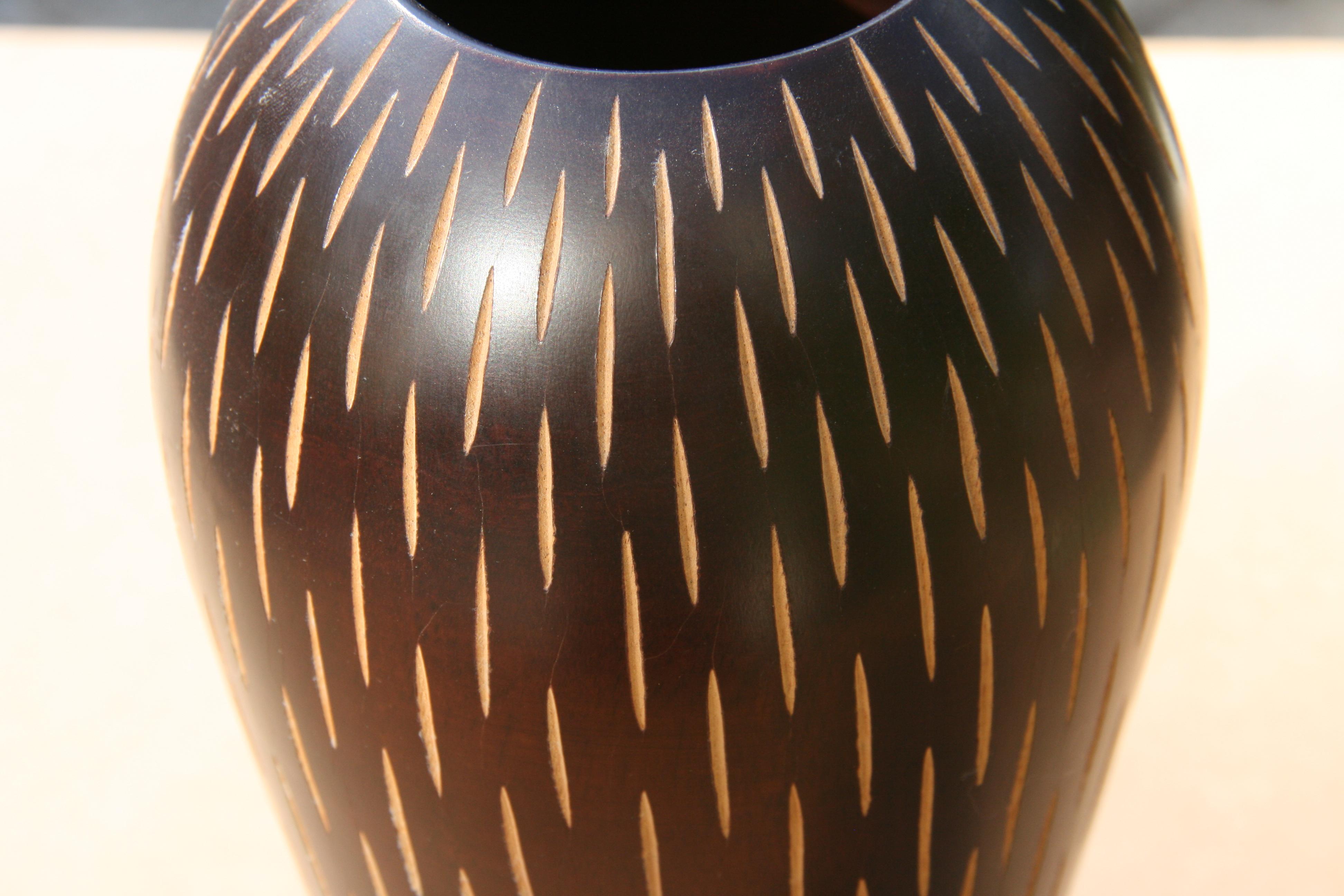 Hardwood Japanese Art Deco Style Hand Turned Wood Vase with Incised Vertical Slits For Sale