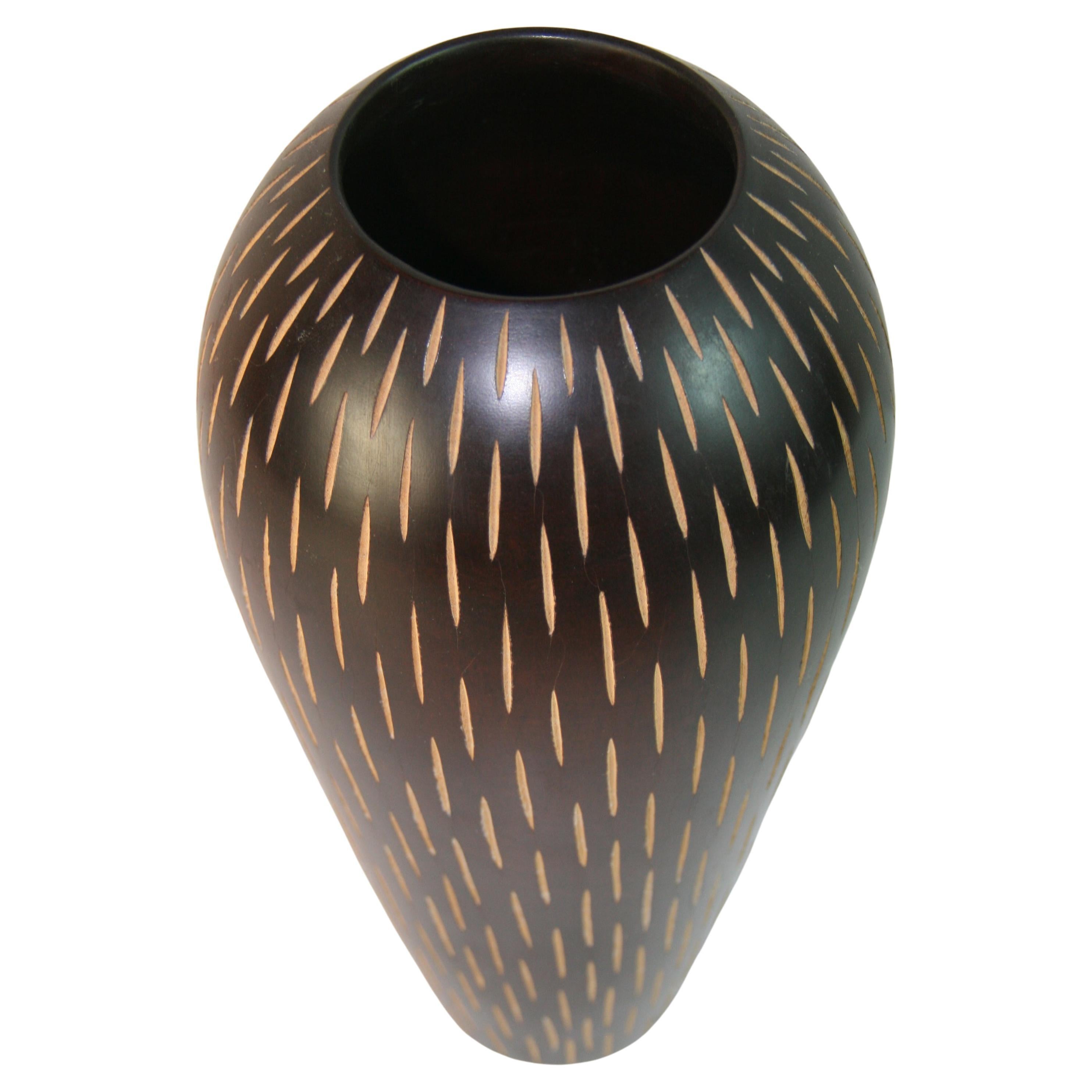 Japanese Art Deco Style Hand Turned Wood Vase with Incised Vertical Slits For Sale