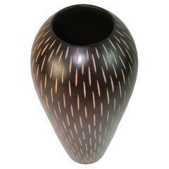 Japanese Art Deco Style Hand Turned Wood Vase with Incised Vertical Slits