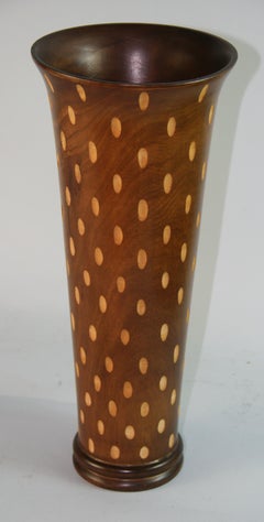 Japanese Art Deco Style Wood Hand Turned Vase with Incised Oval Cutouts