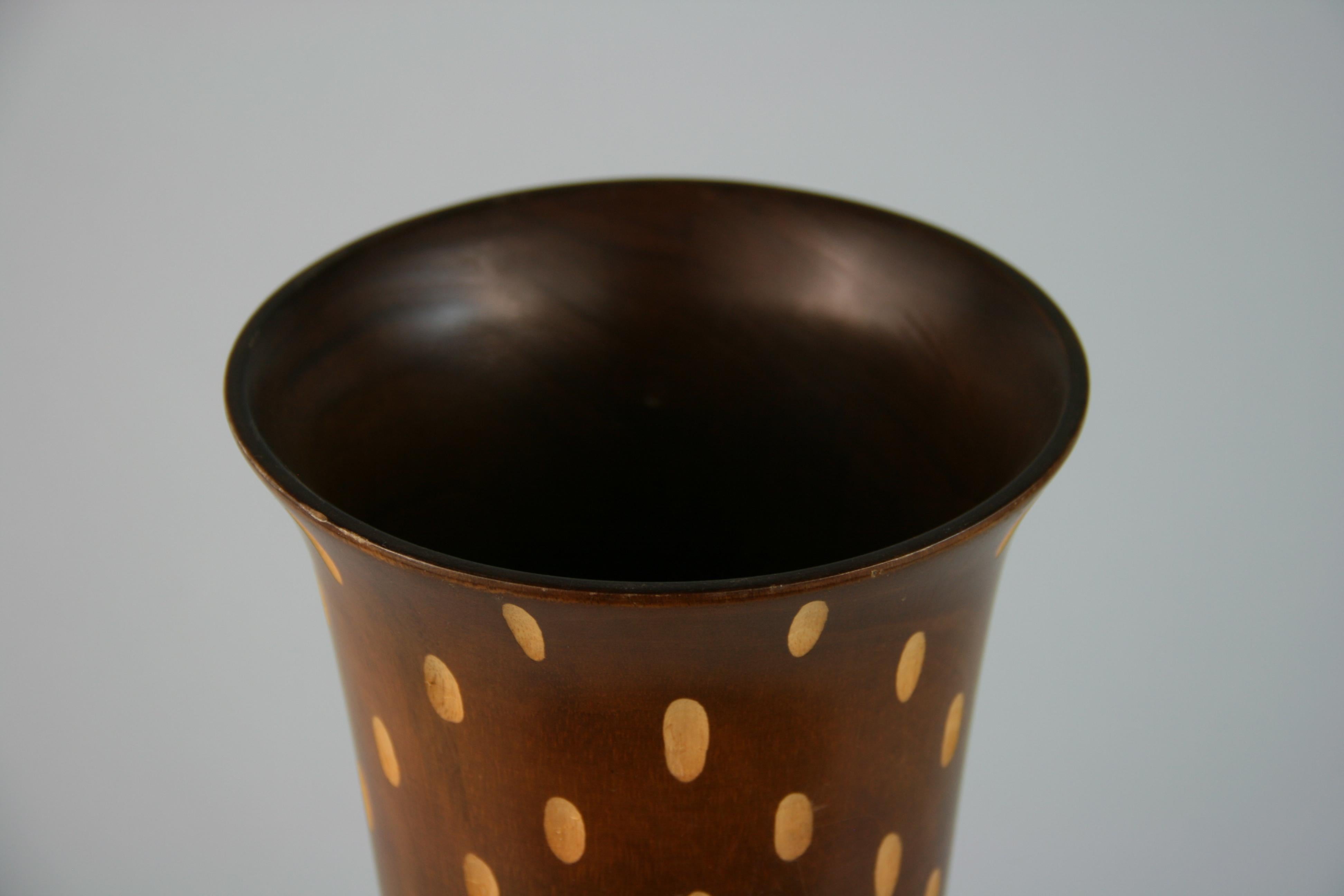 Hardwood Japanese Art Deco Style Wood Hand Turned Vase with Incised Oval Cutouts For Sale