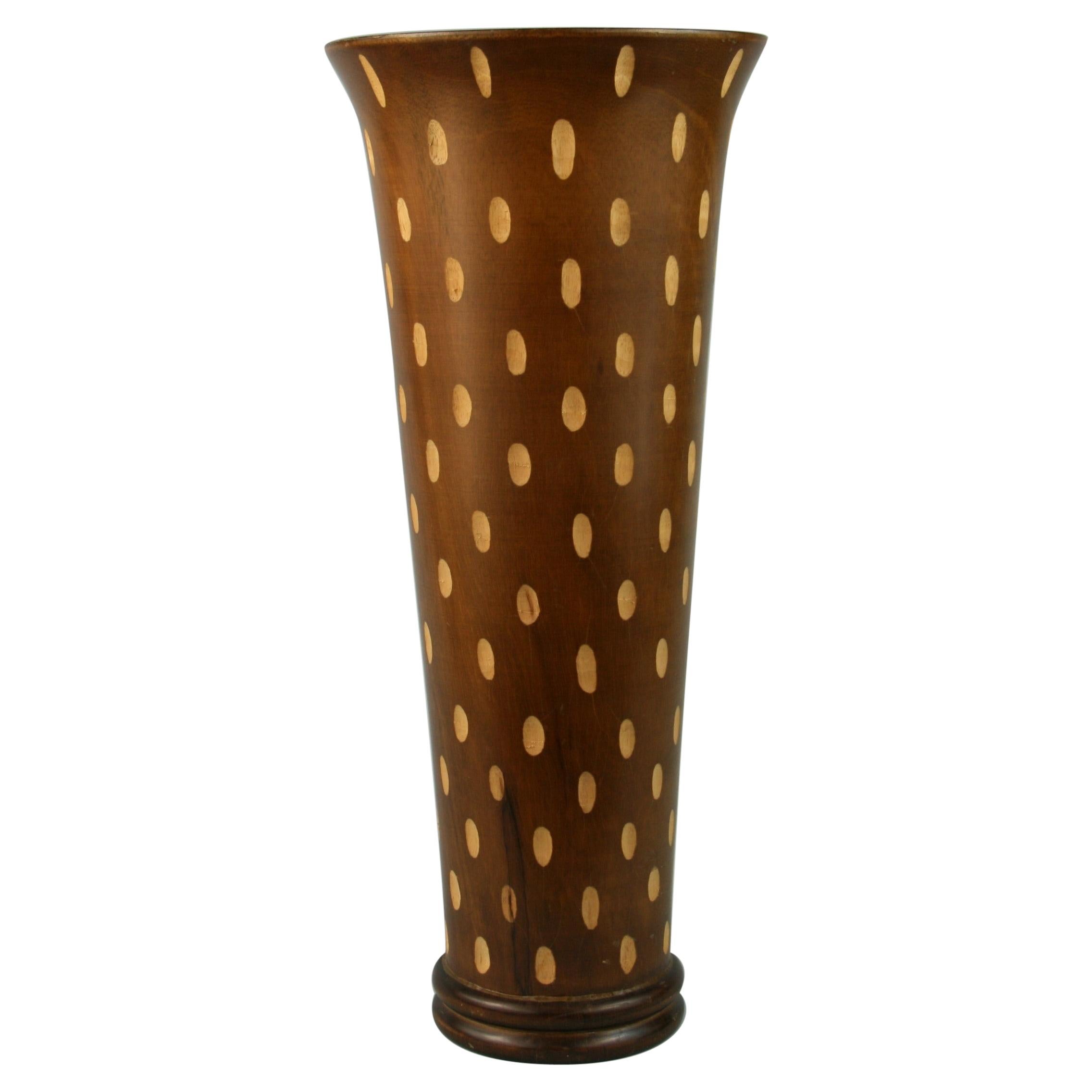 Japanese Art Deco Style Wood Hand Turned Vase with Incised Oval Cutouts For Sale