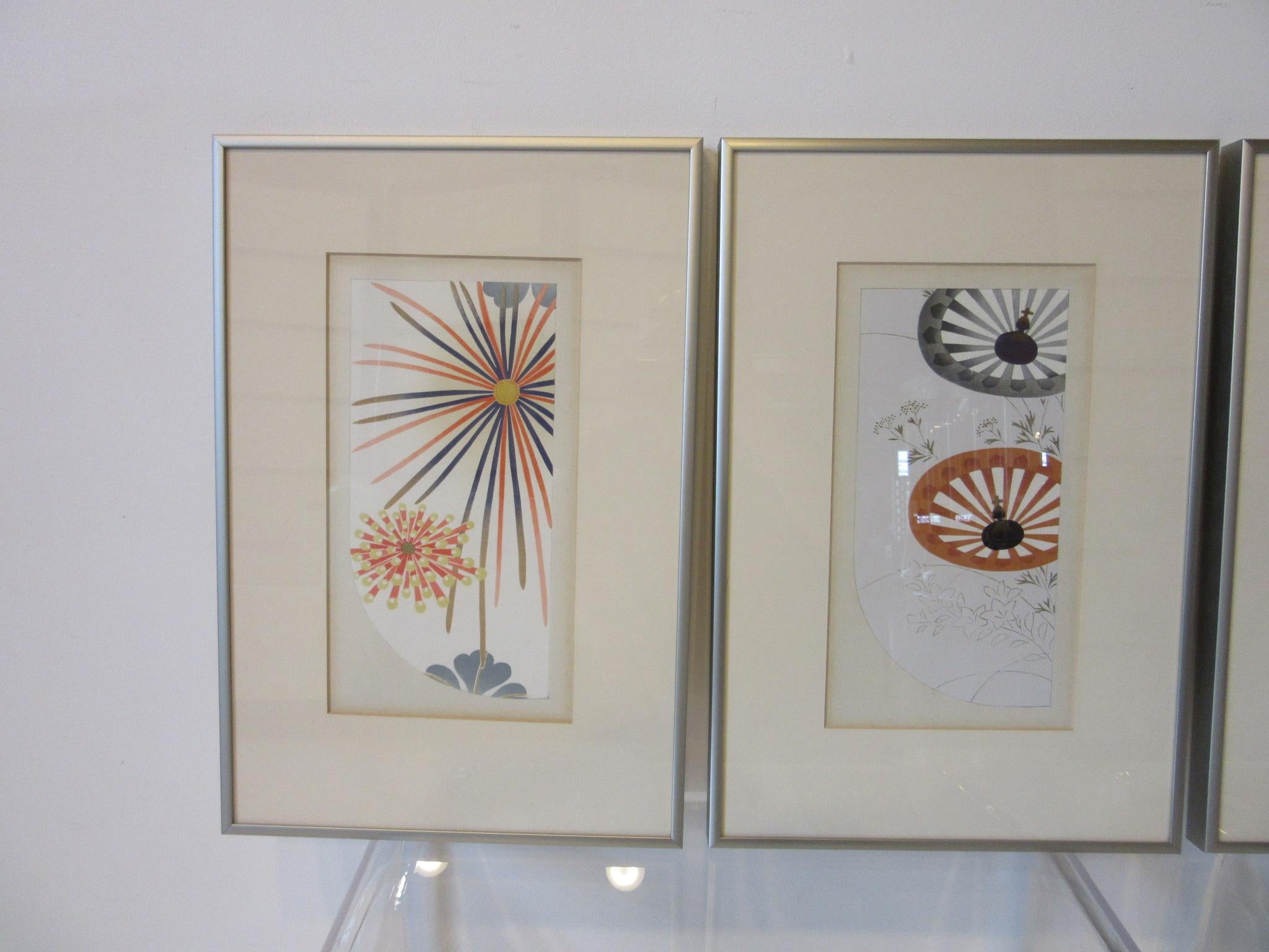 A wonderful collection of four framed hand colored wood block prints with Art Deco influenced styling possibly for a Kimono design. This set of original prints were crafted by Jun Hisatomi and Tamaki Yoshida.